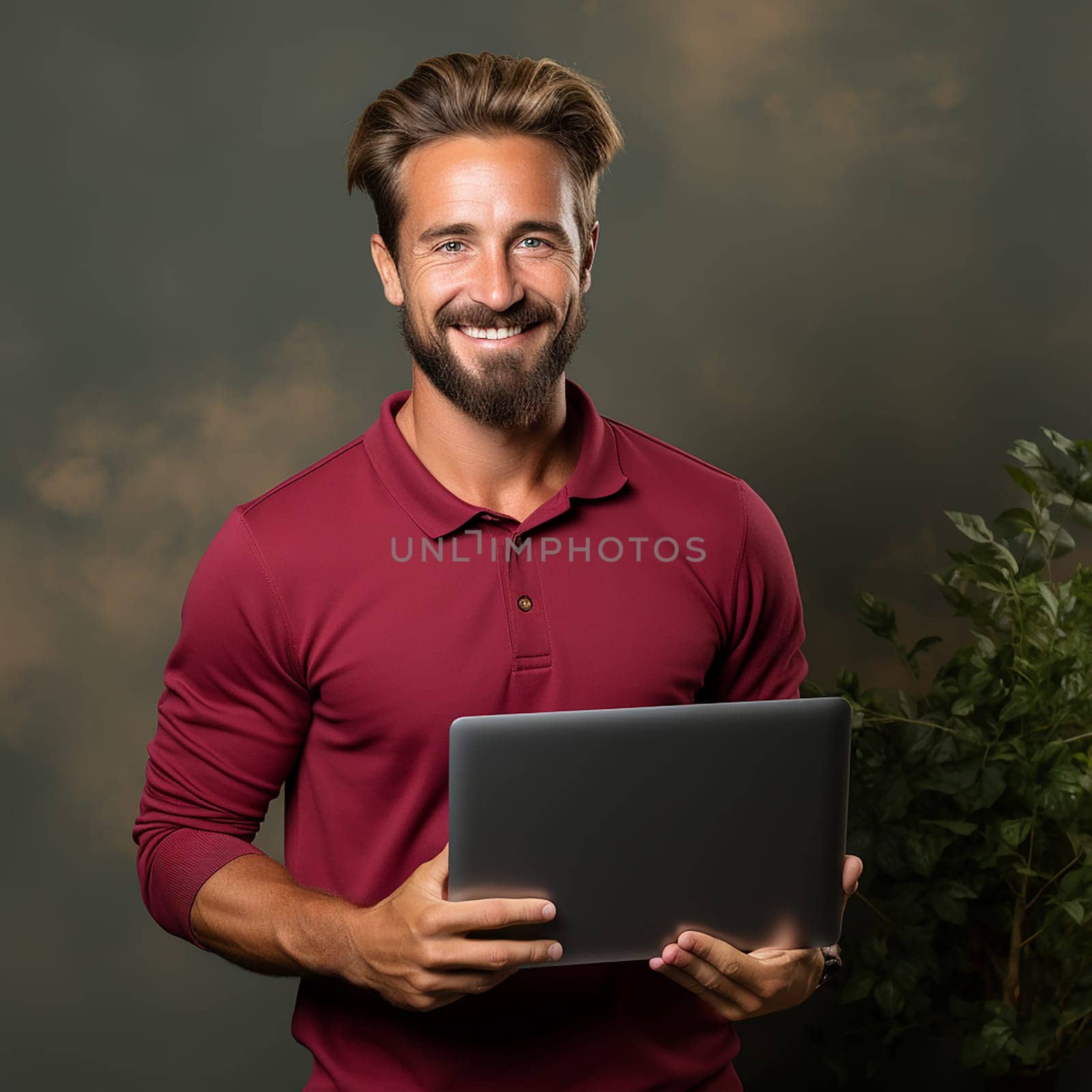 portrait of a young successful man in red clothes with a laptop .