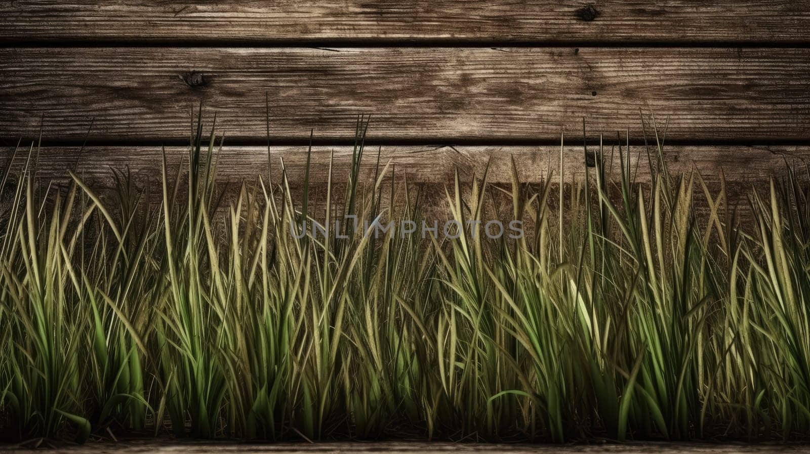 Green grass on wooden background. Generative AI design