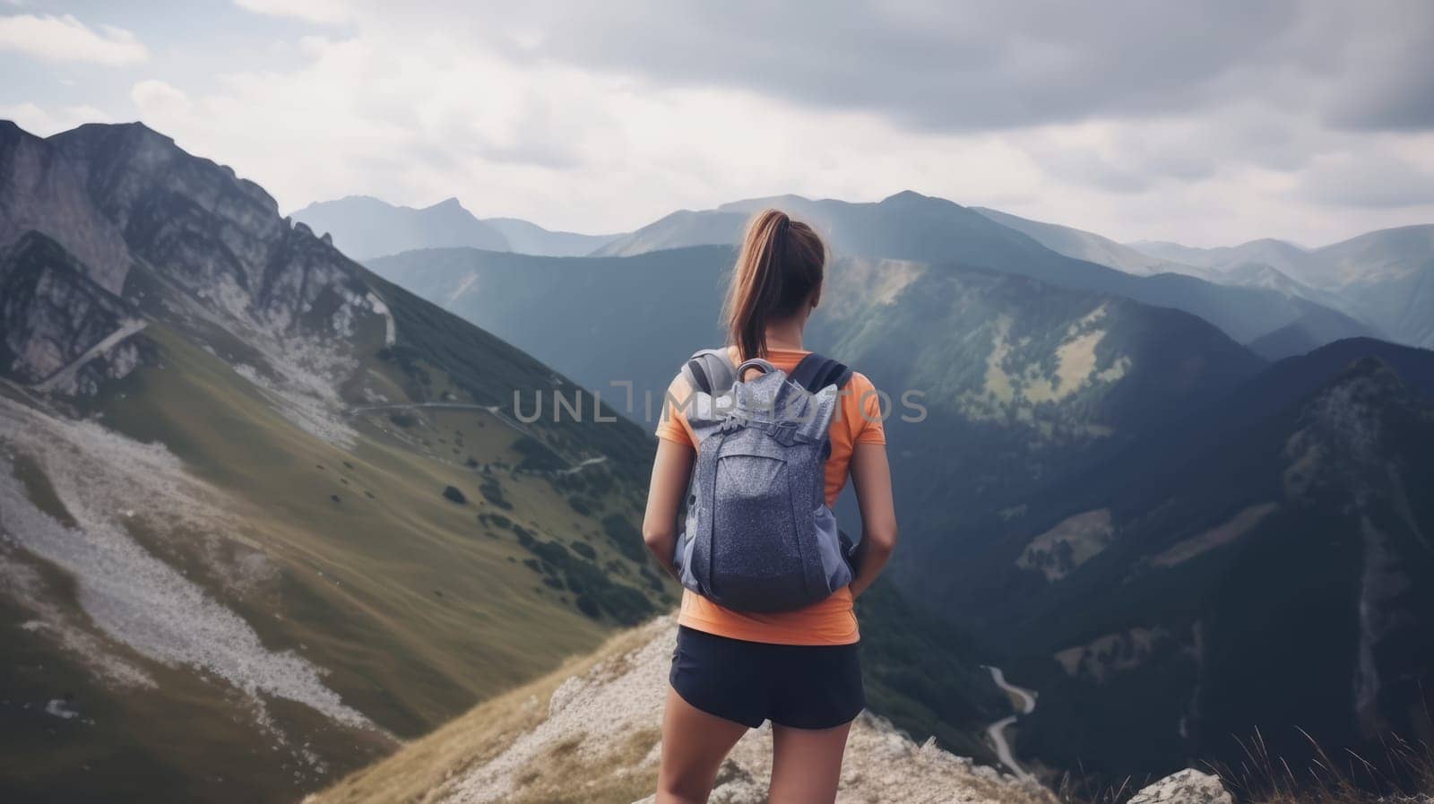 View of the girl from behind on the background of the mountain landscape. Generative AI design