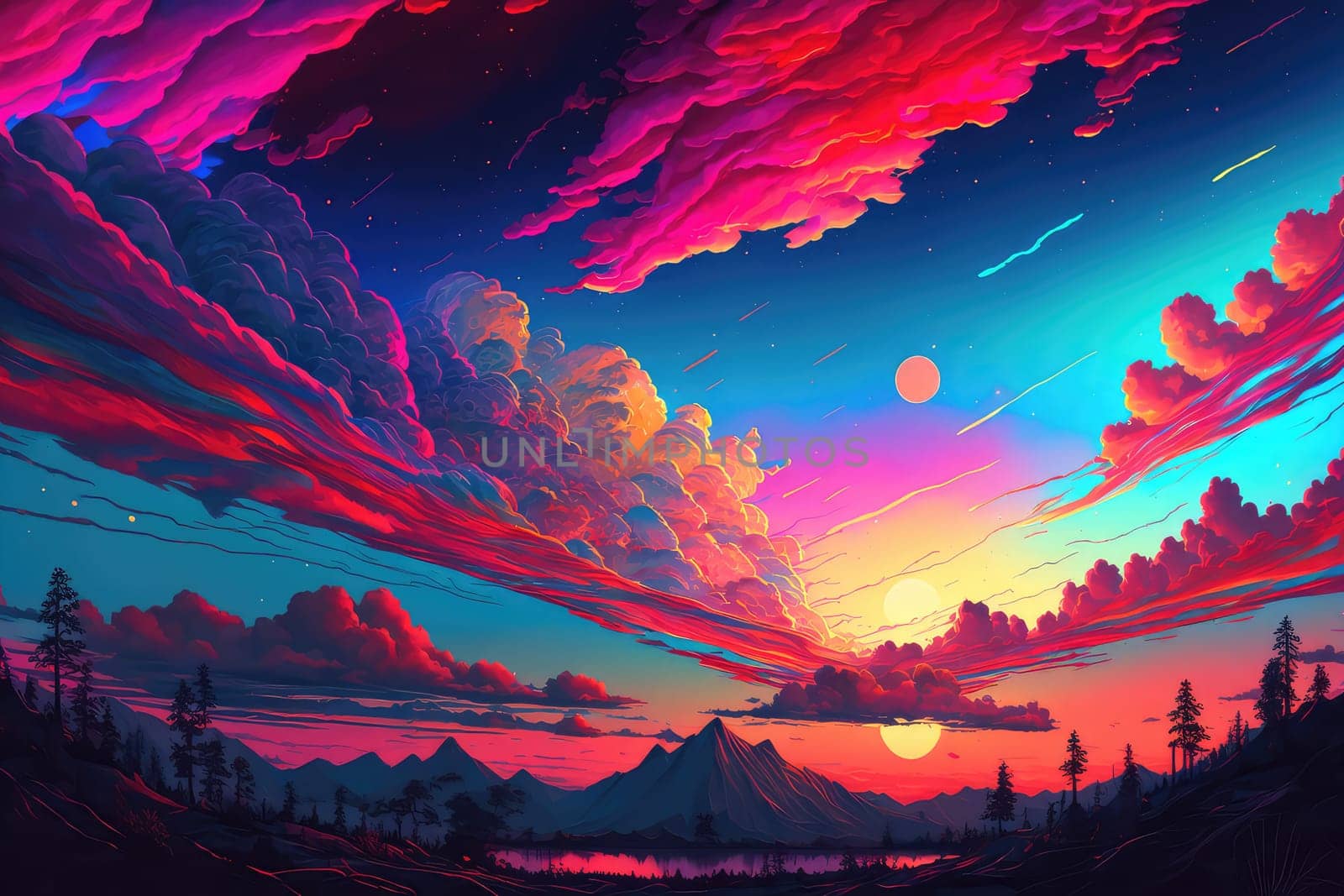 Holographic sunset cloudy landscape. Generative AI design