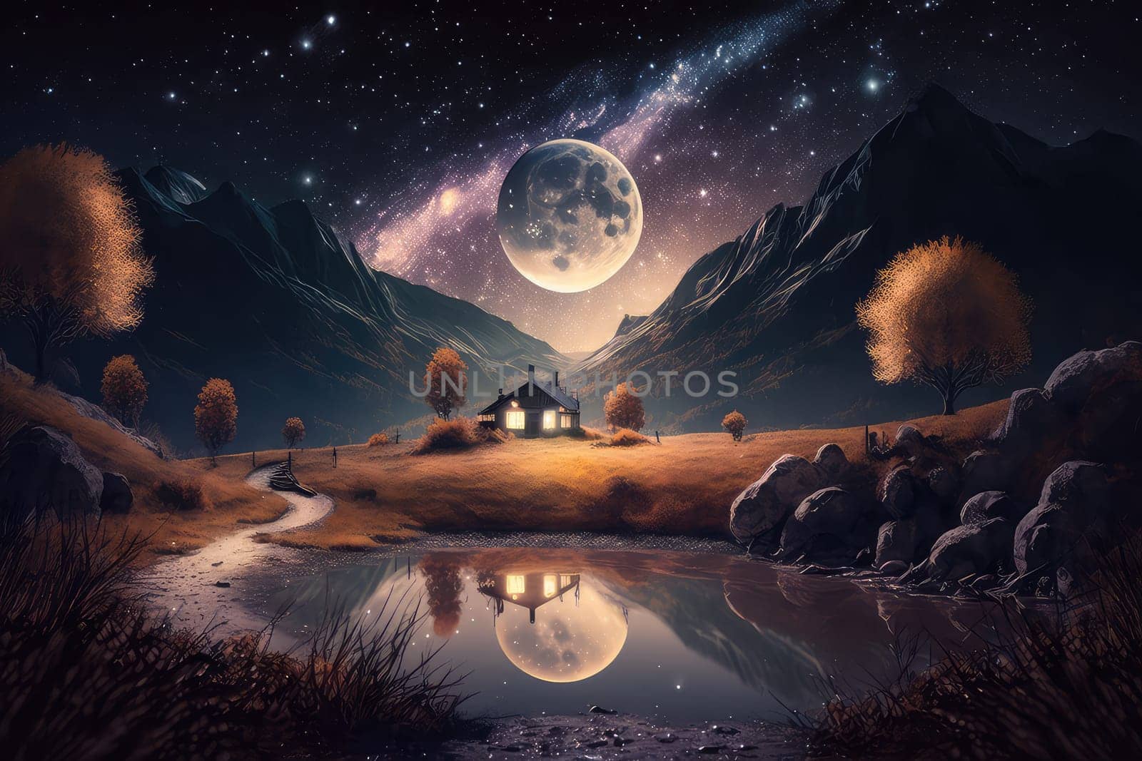 Fantasy night landscape with hut and full moon. Generative AI drawing
