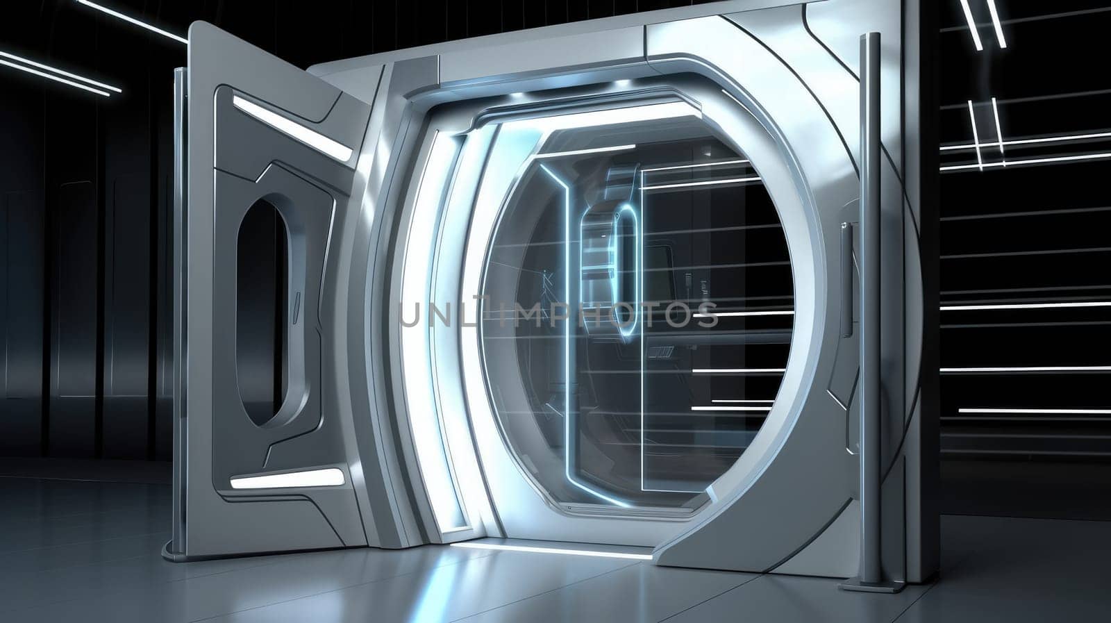 Futuristic interior with door. Generative AI design