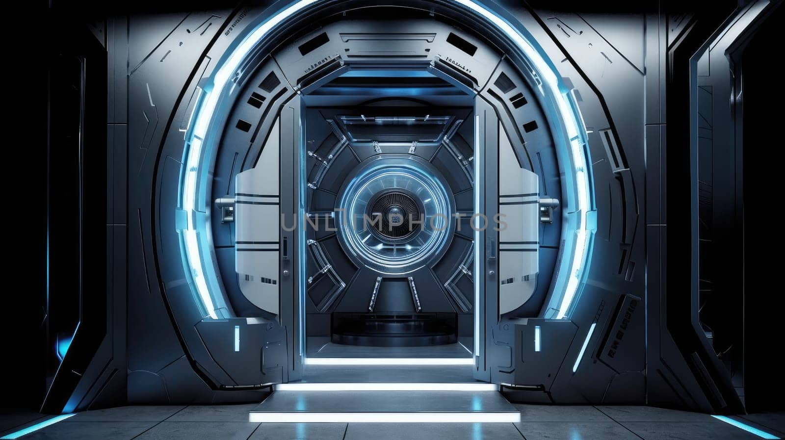 Futuristic interior with hallway and door. Generative AI design