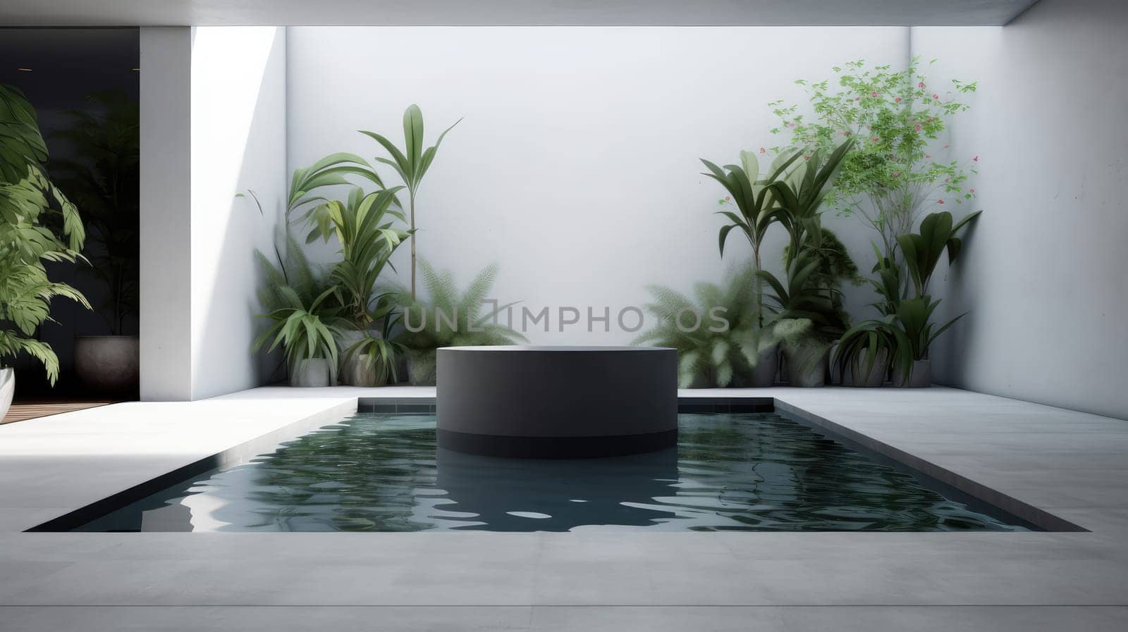Minimalistic interior with swimming pool. Generative AI design