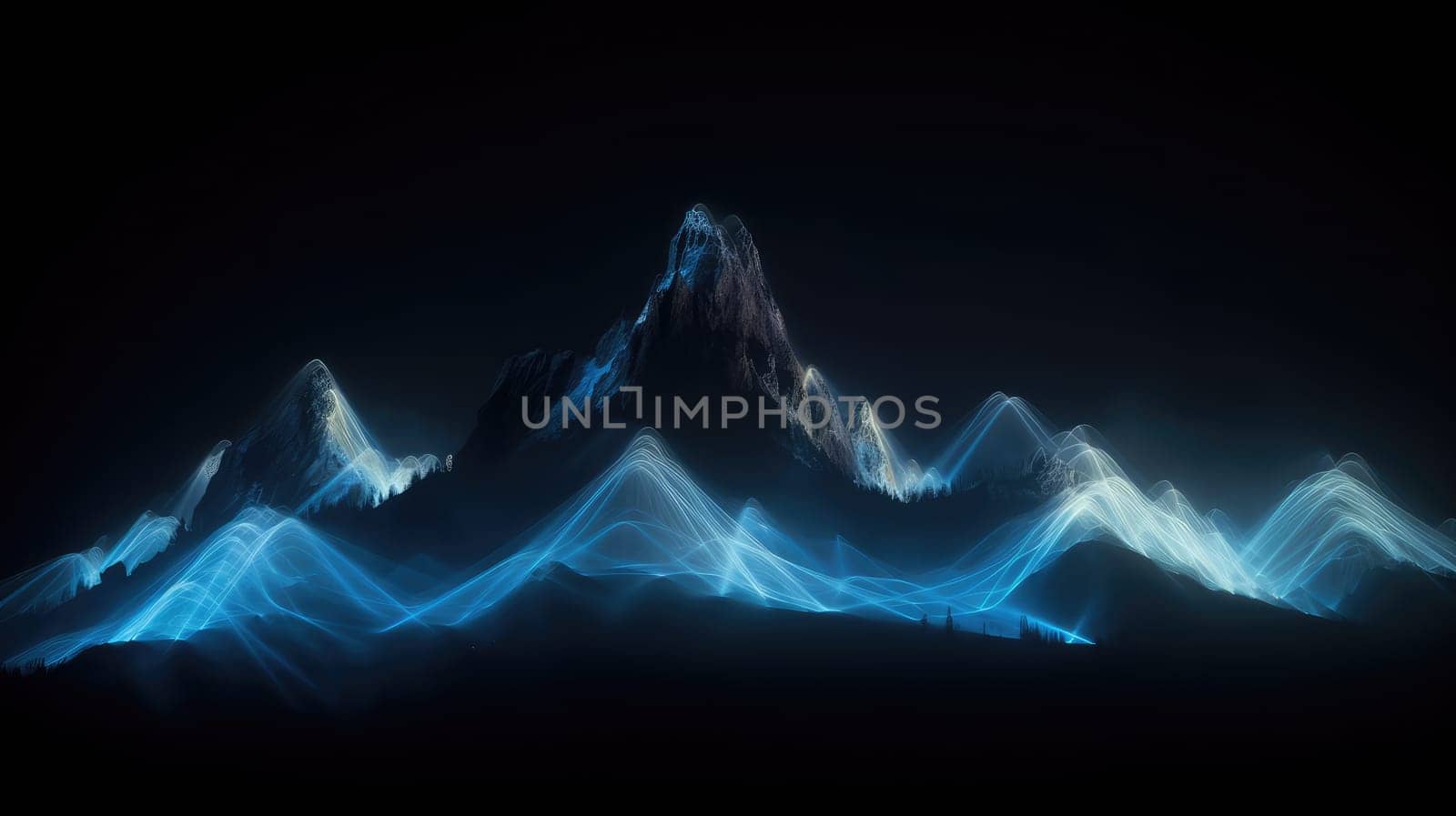 Blue glowing linear soundwaves with mountains landscape. Generative AI design