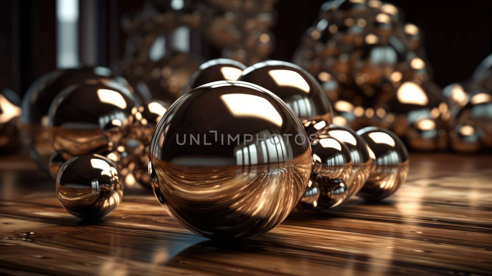 Glossy metallic spheres on wooden background. Generative AI design