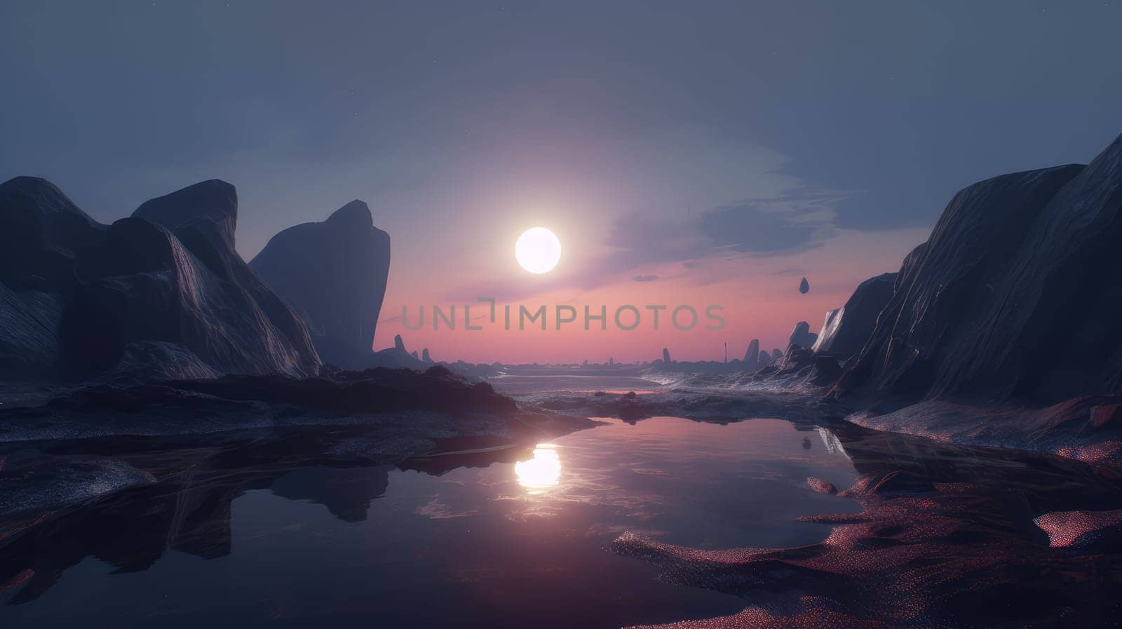 Fantasy night landscape with full moon. Generative AI drawing