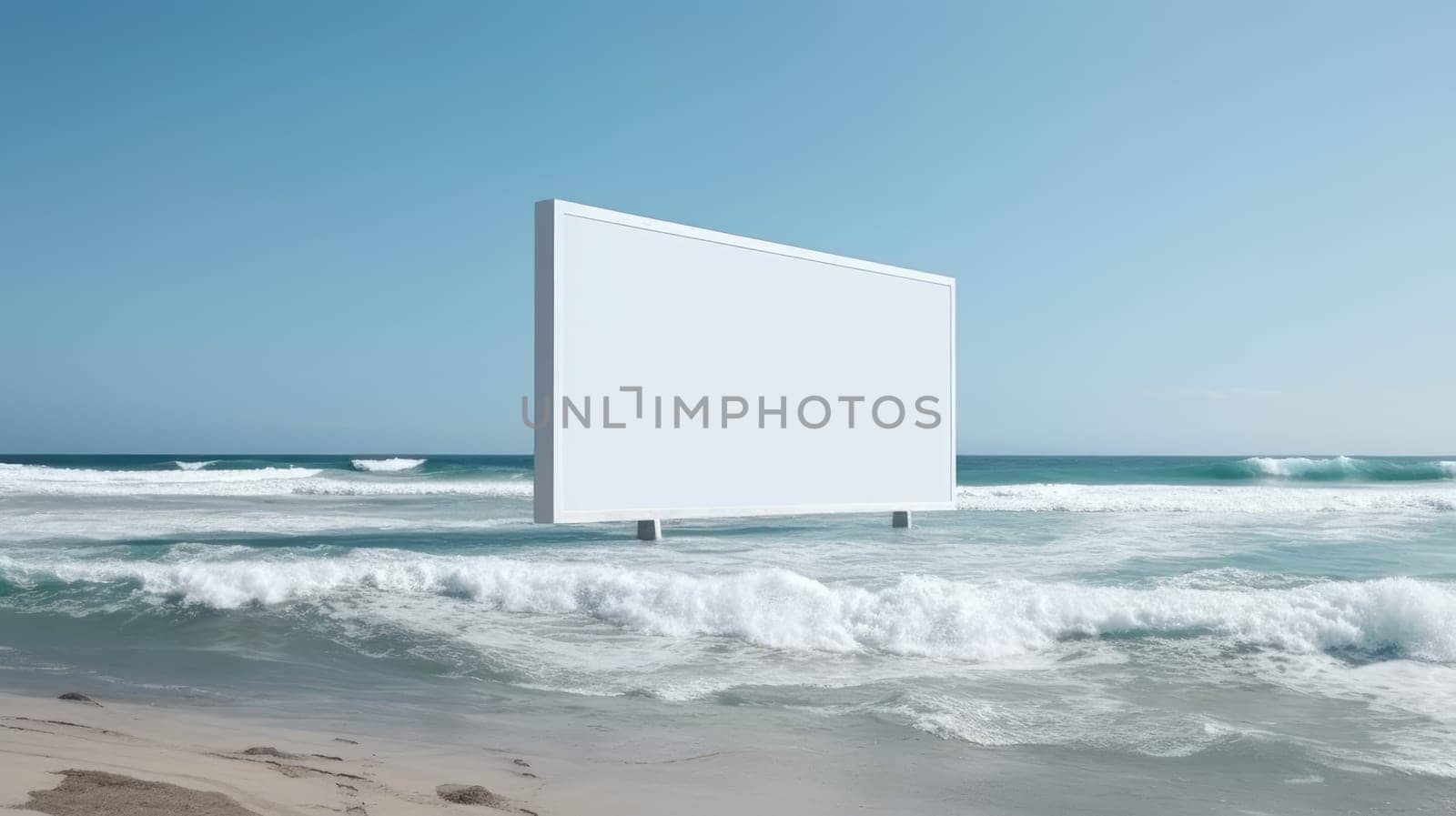 White empty billboard on the beach. Generative AI design