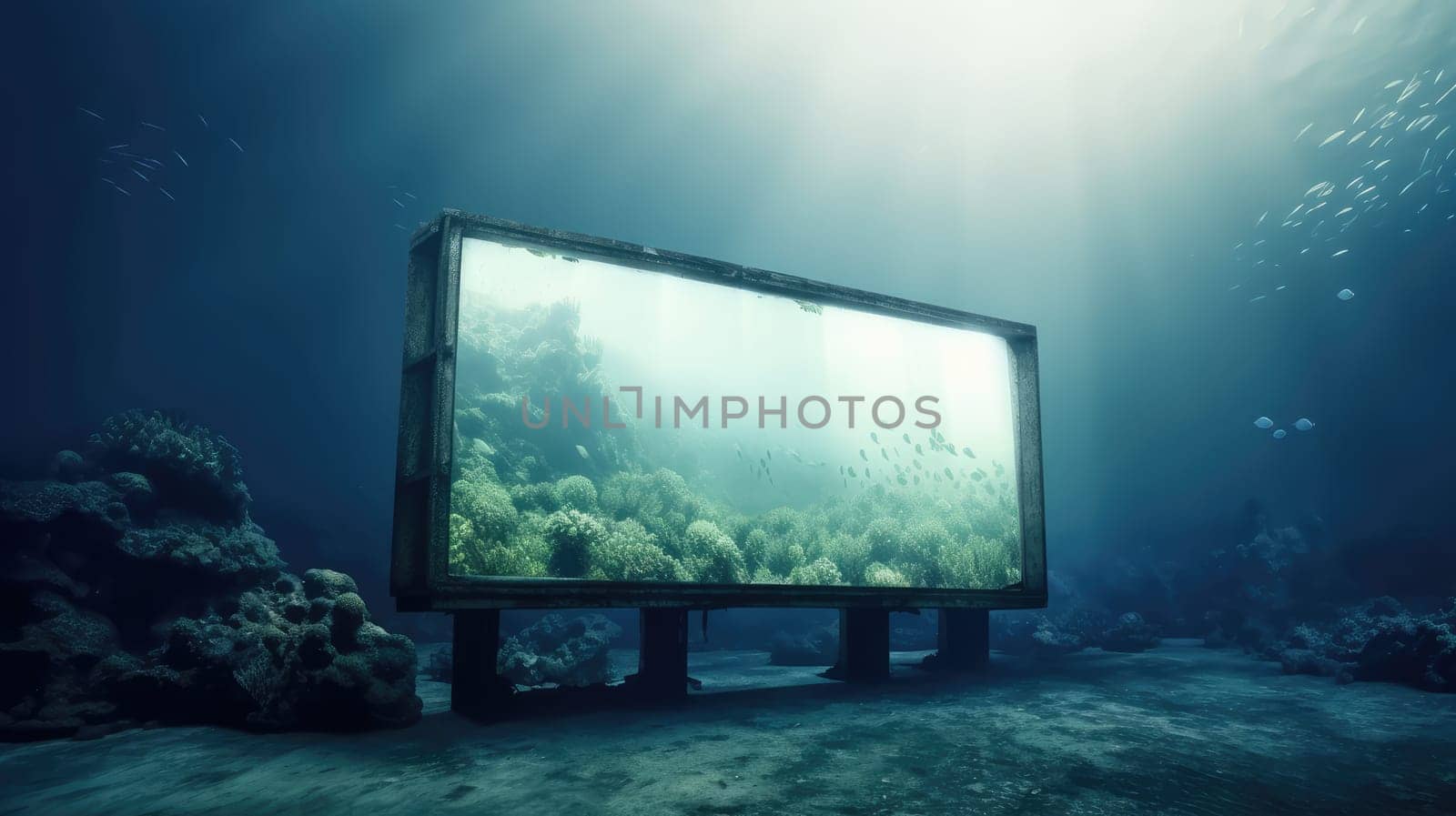 Old billboard under the sea. Generative AI design