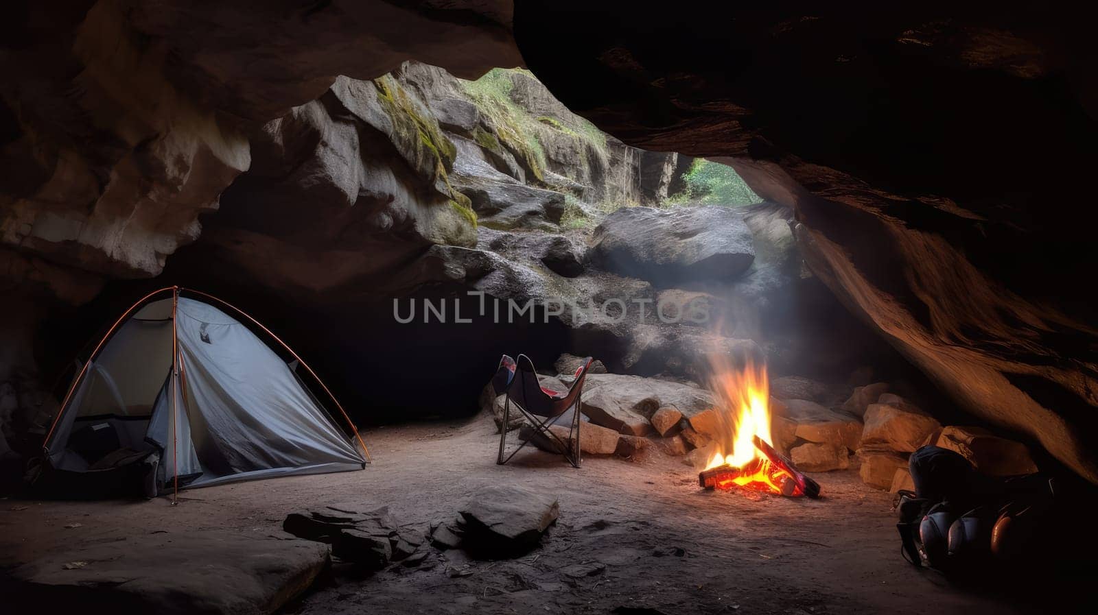 Tent camp in cave with campfire. Generative AI design