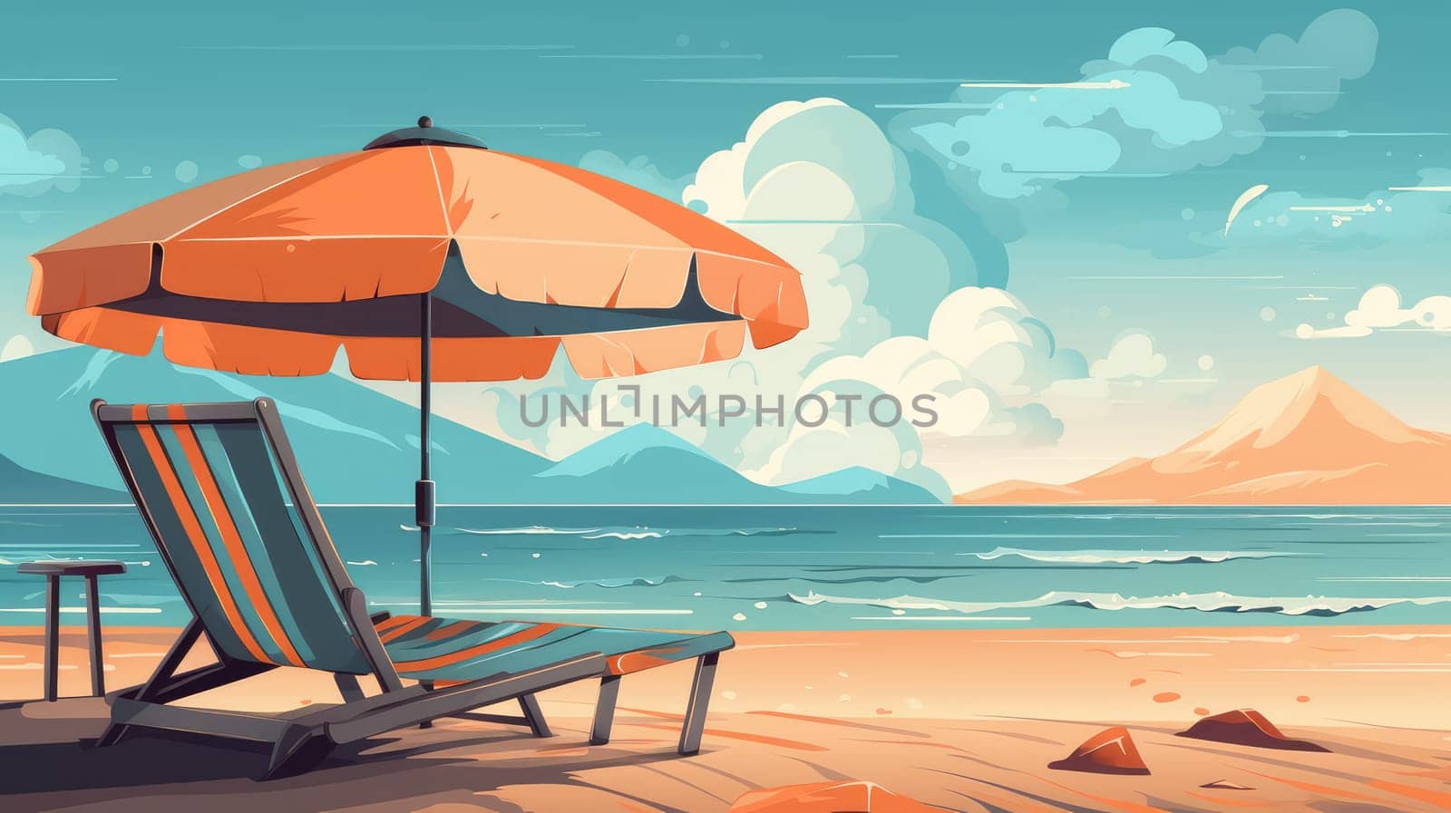 Chaise longue and beach umbrella on the seashore. Generative AI drawing