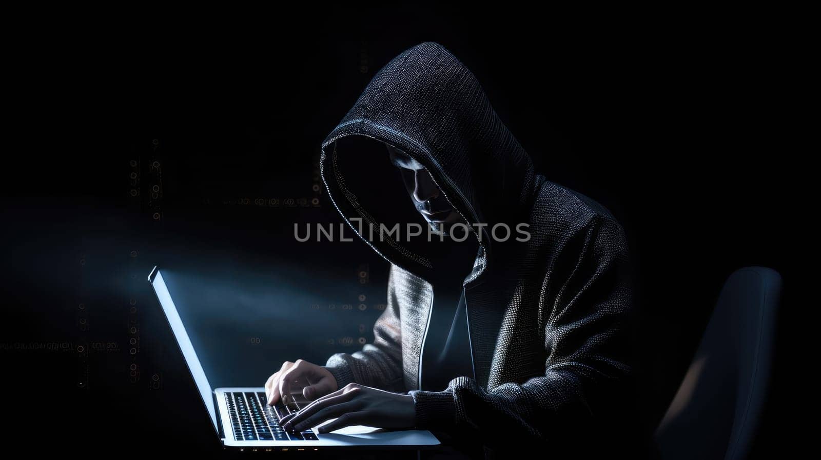 Hacker in the hood with laptop. Generative AI design