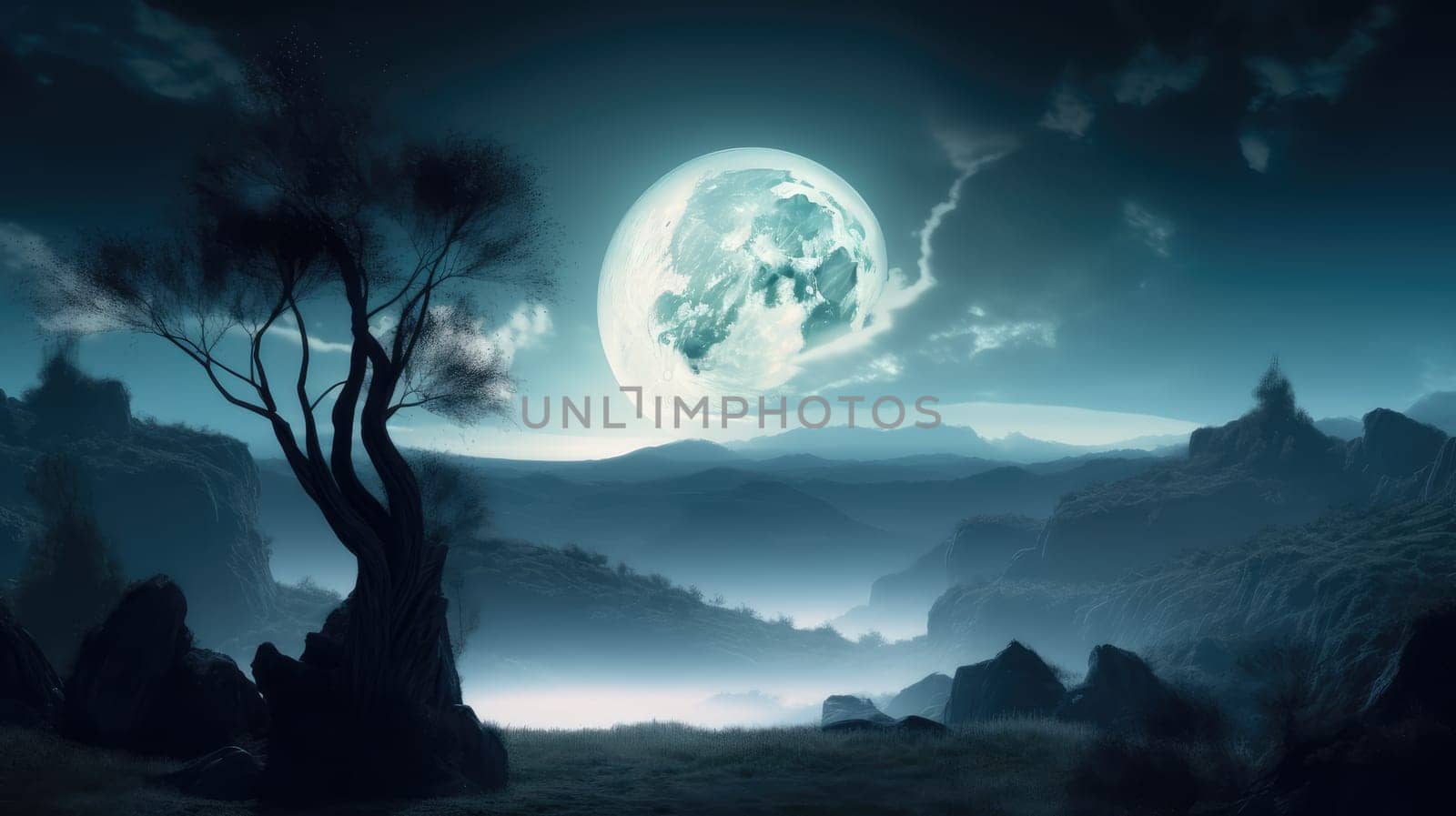 Fantasy night landscape with full moon. Generative AI drawing