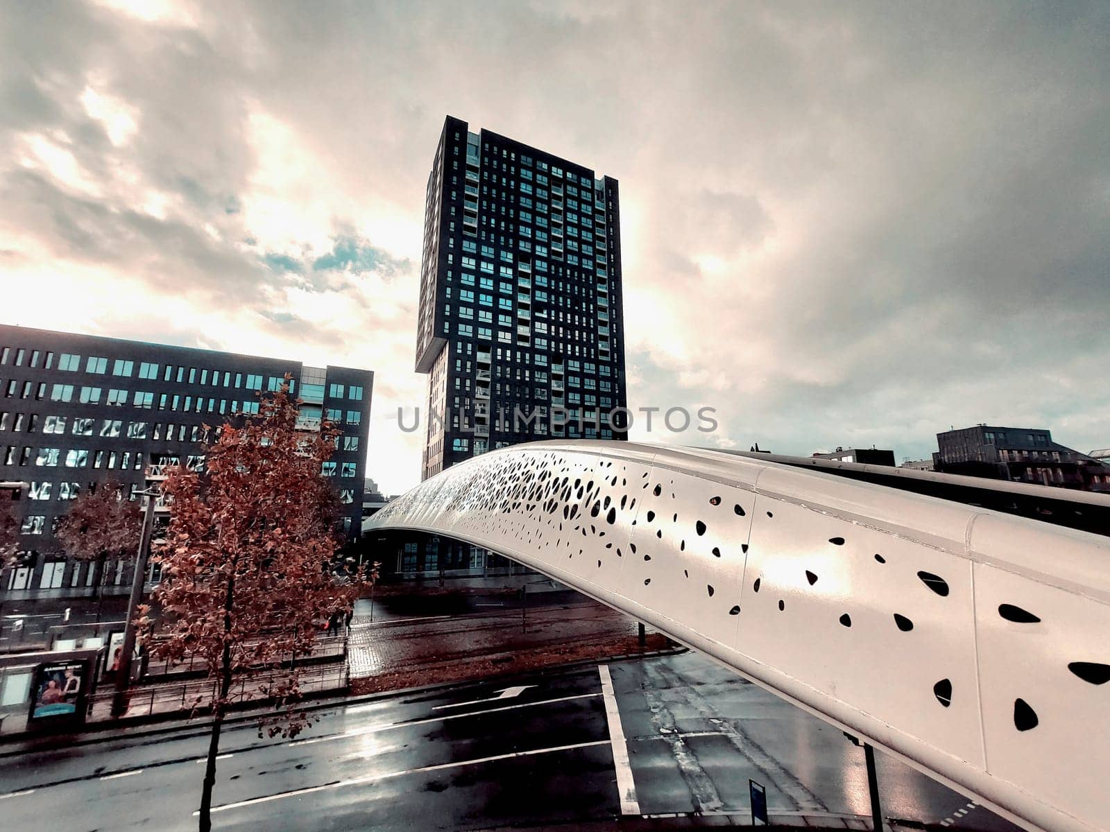 Antwerp, Belgium, November 5th 2023: View on Noorderplaats in Antwerp with pedestrian bridge Parkbrug