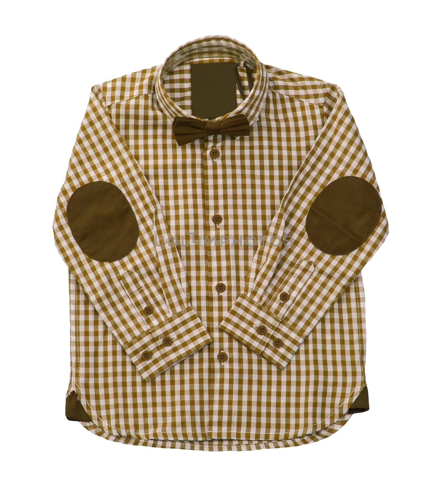 Children clothes. Fashionable brown white checkered kids long-sleeved shirt with a brown bow tie and Sleeve protector isolated on a white background. Kids fashion.
