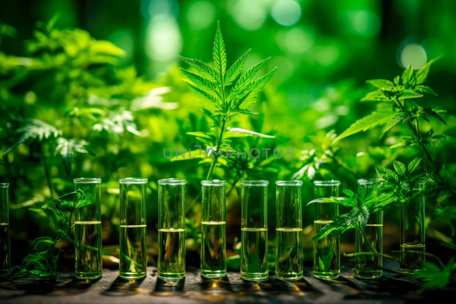 Laboratory test tubes with canabis extraction oil.Medical marijuana oil. AI generated