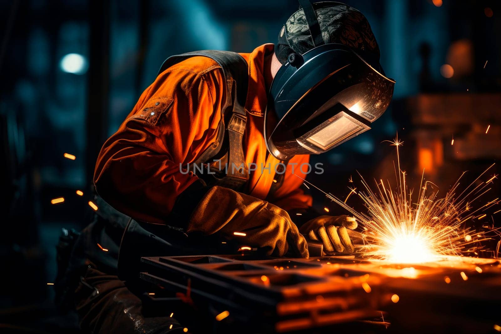 Professional mask protected welder man working on metal welding and sparks metal. AI generated