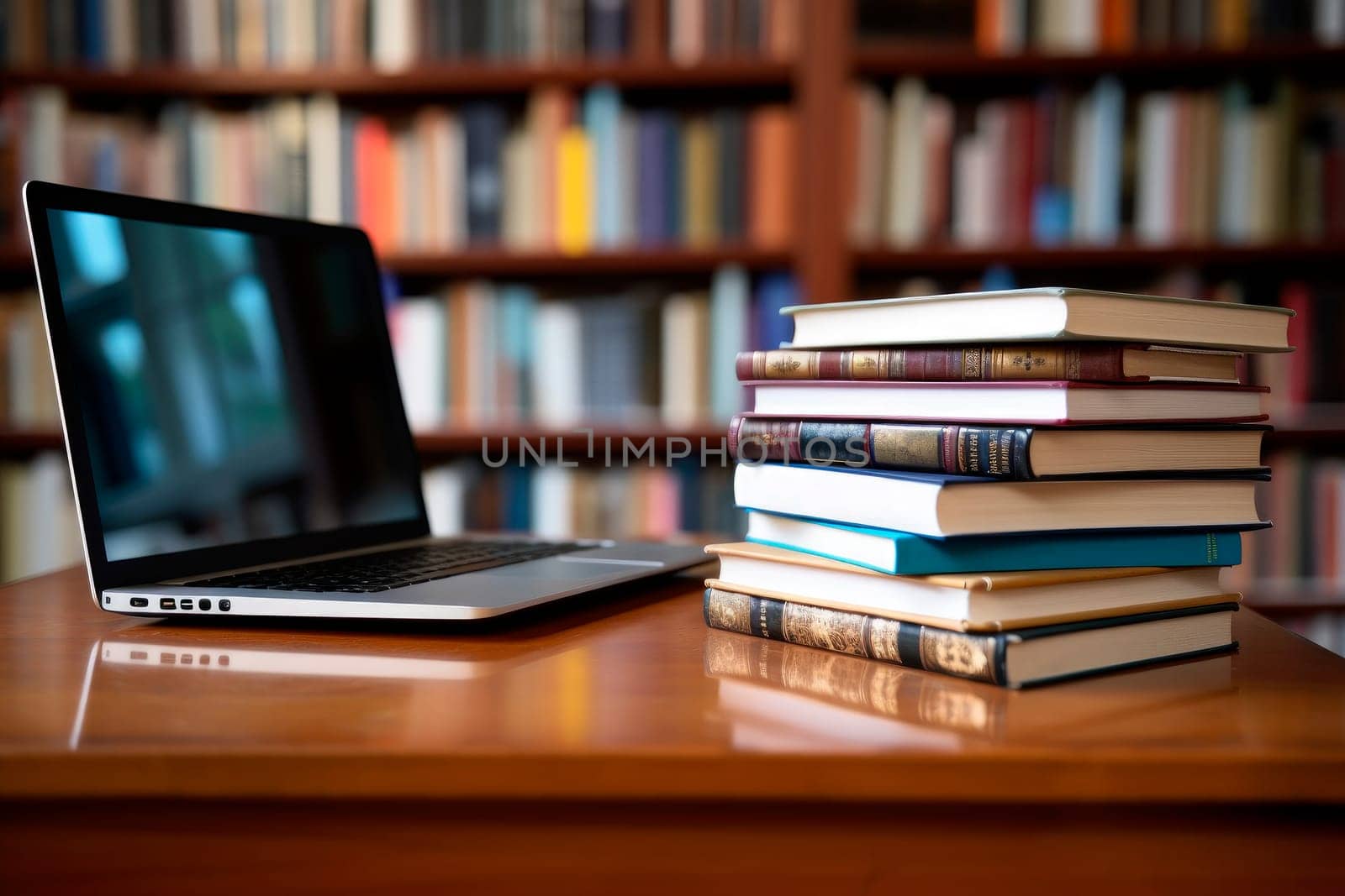Stack of books with laptop on a wooden table in library room. AI generated