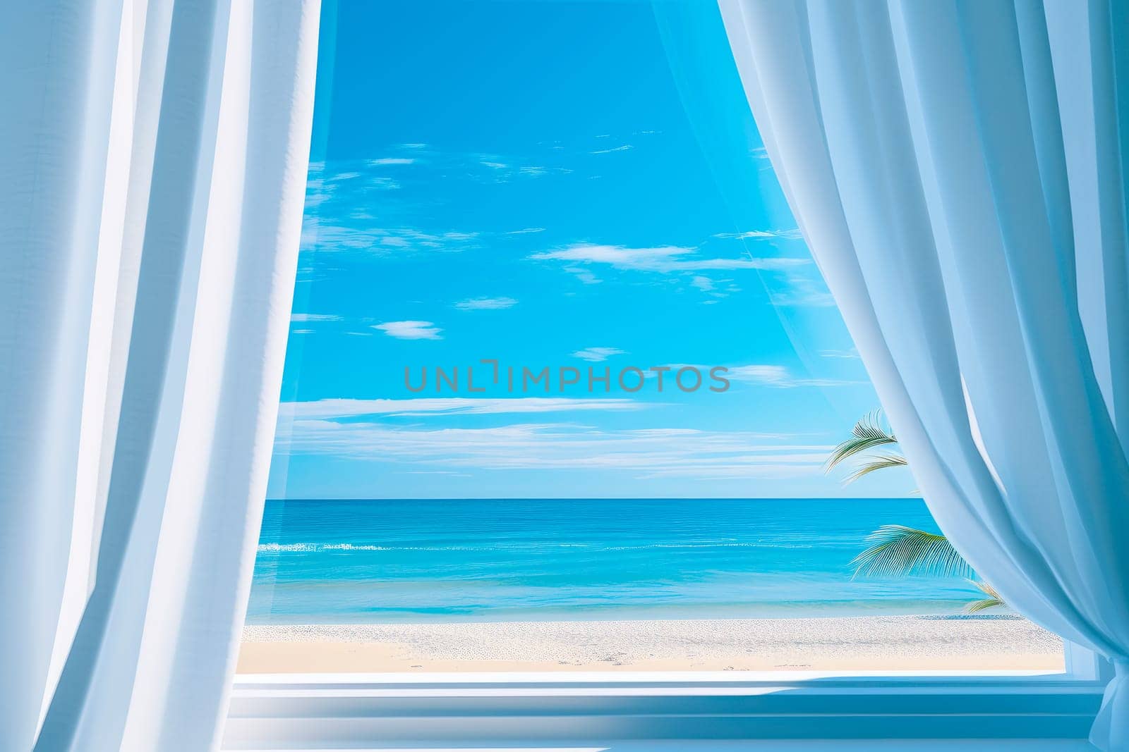 View of sea or ocean from summer terrace or veranda. Glass windows with white silk curtains and overlooking to sea. AI generated