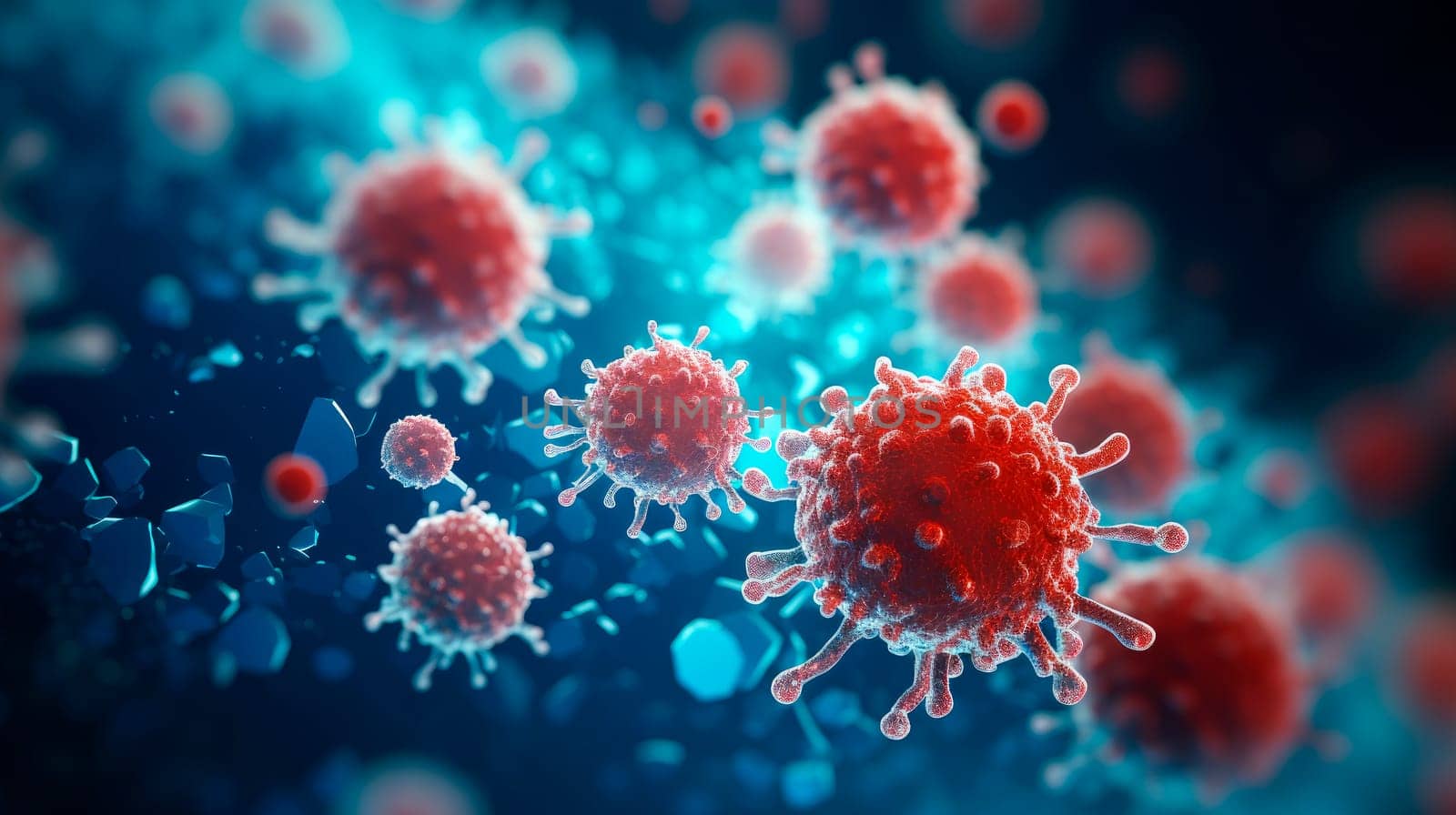 Blood cells, leucocytes and macrophages are combating viruses and bacteria, immune cell. AI generated