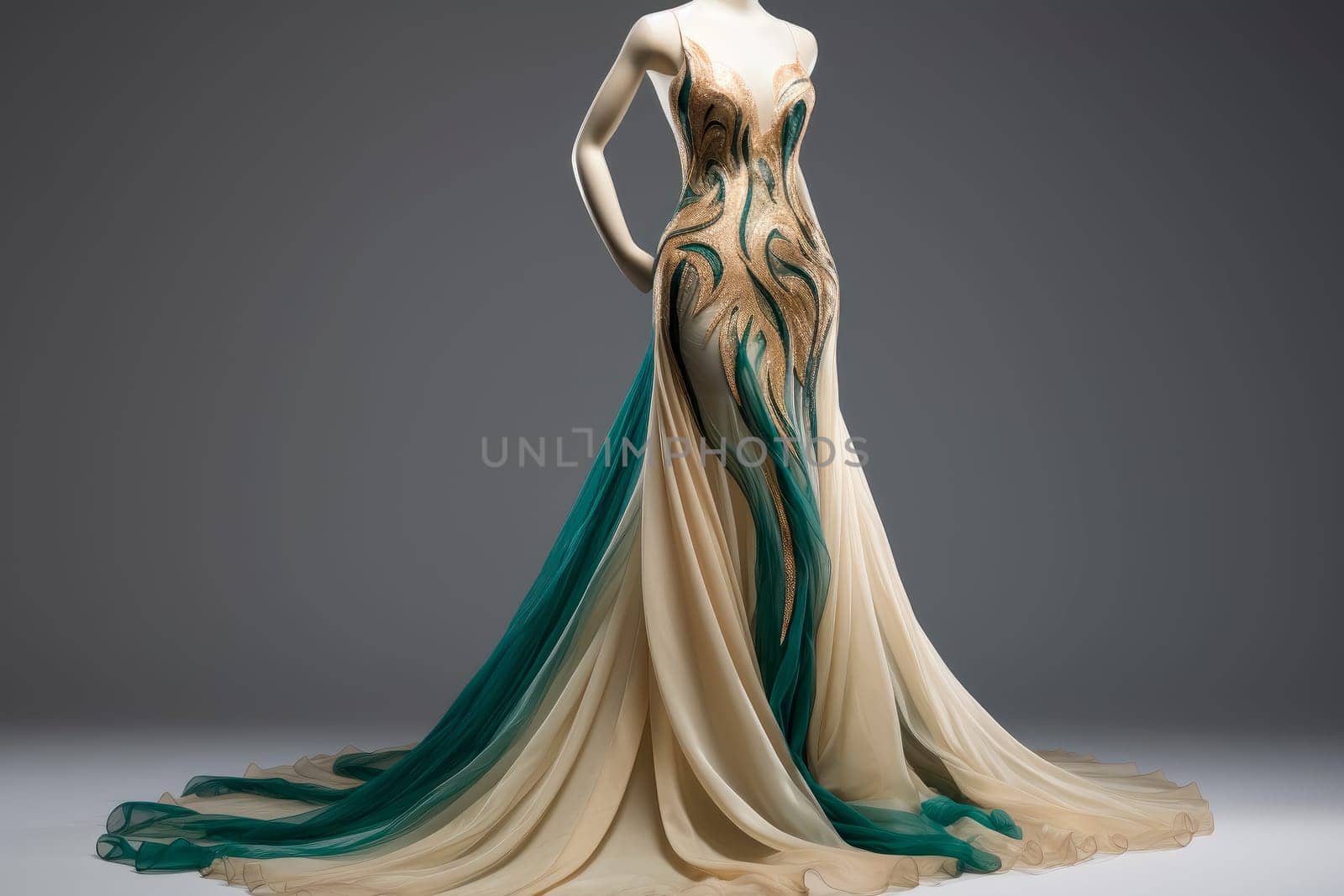 Elegant evening dress on a mannequin. High quality dress with detailed drapery, light gold and green color. AI generated.
