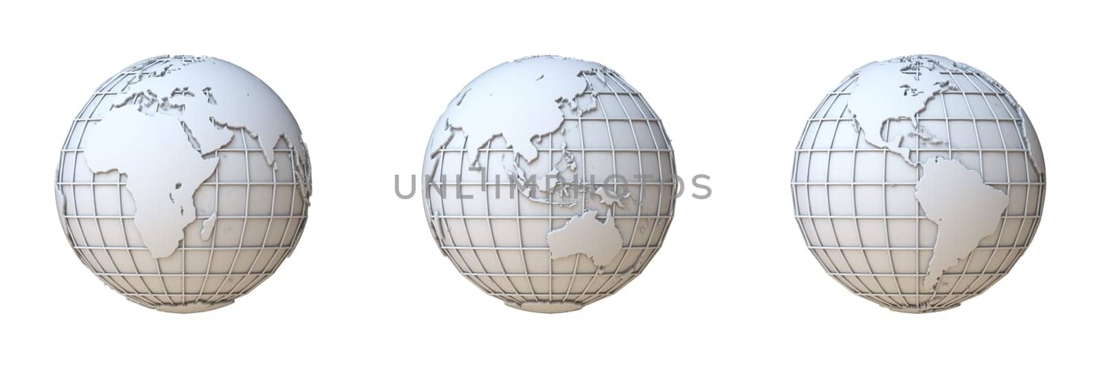 Three grey globe icons 3D rendering illustration isolated on white background