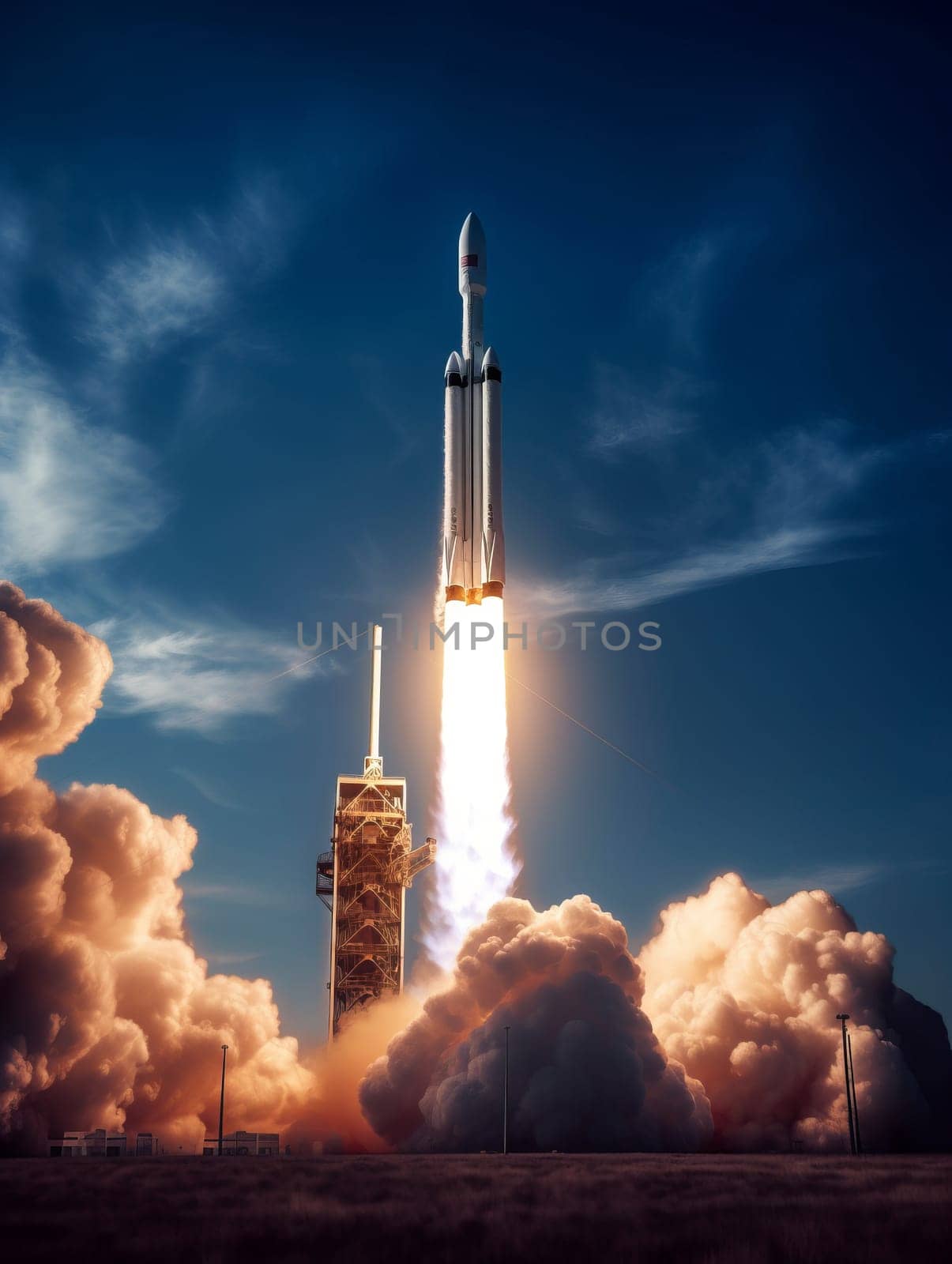 New Ship flies to another planet. Spaceship takes off into the starry sky. Rocket starts into space. Concept