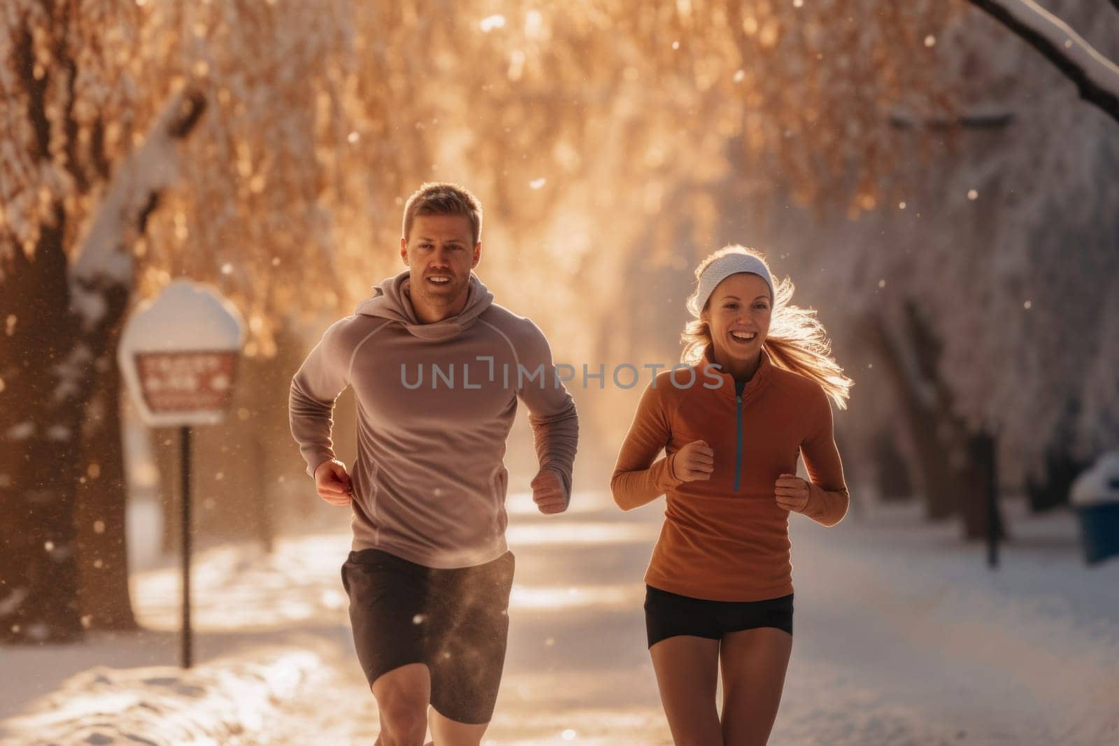 Couple running outdoor during workout on winter day. Man and woman jogging in park. Active people. People while cardio training. Physical fitness. Cardio workout. Healthy lifestyle. Daily routine. Body exercises