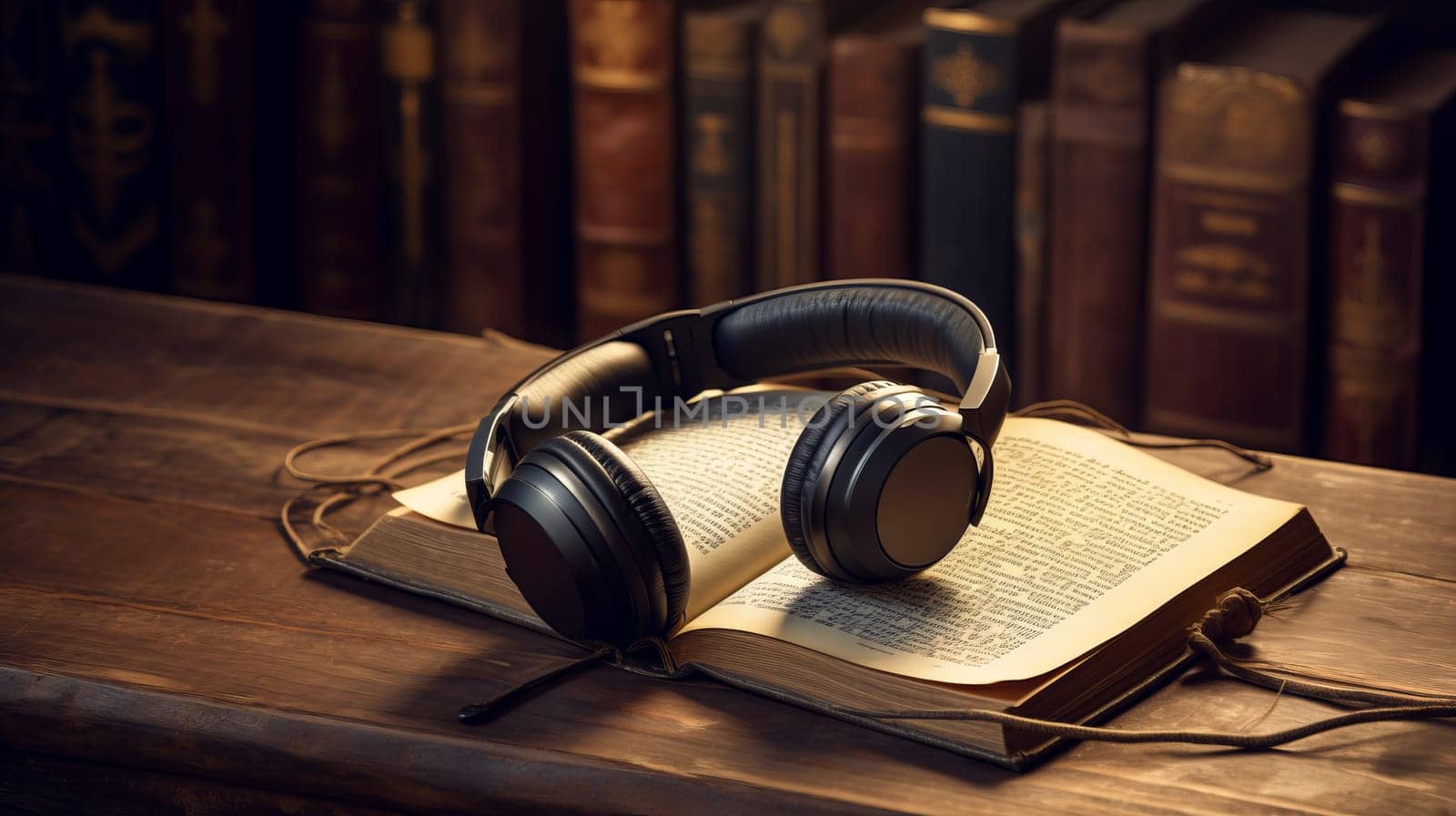 books with the earphones. Audiobooks. Listen and study concept.