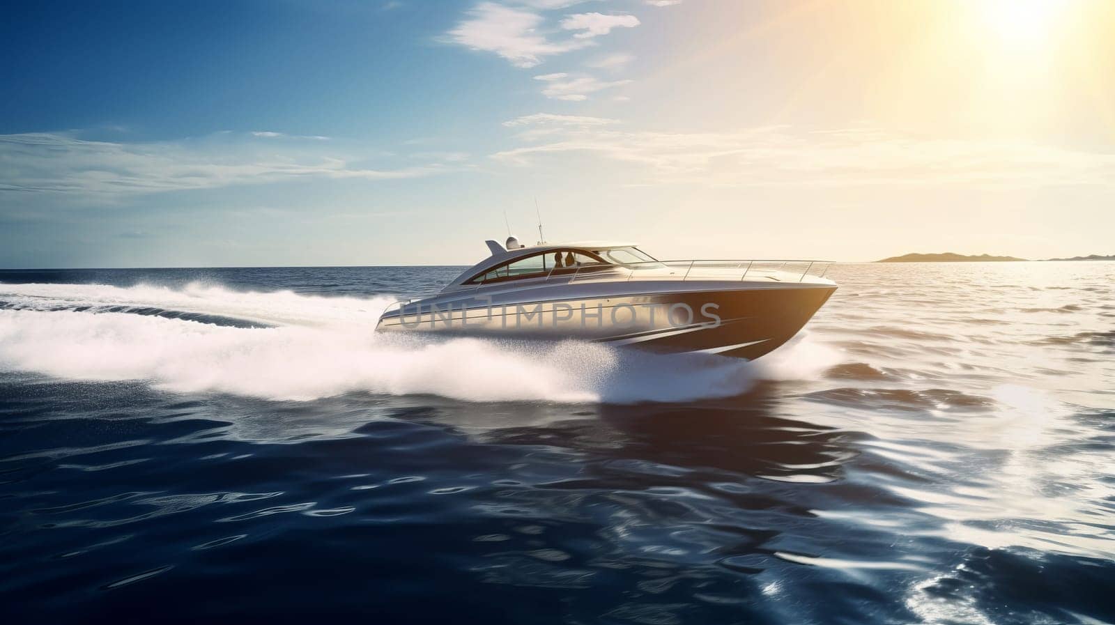 big speedboat fast moving on dark water. Boat movement on the water. Motor boat in motion.