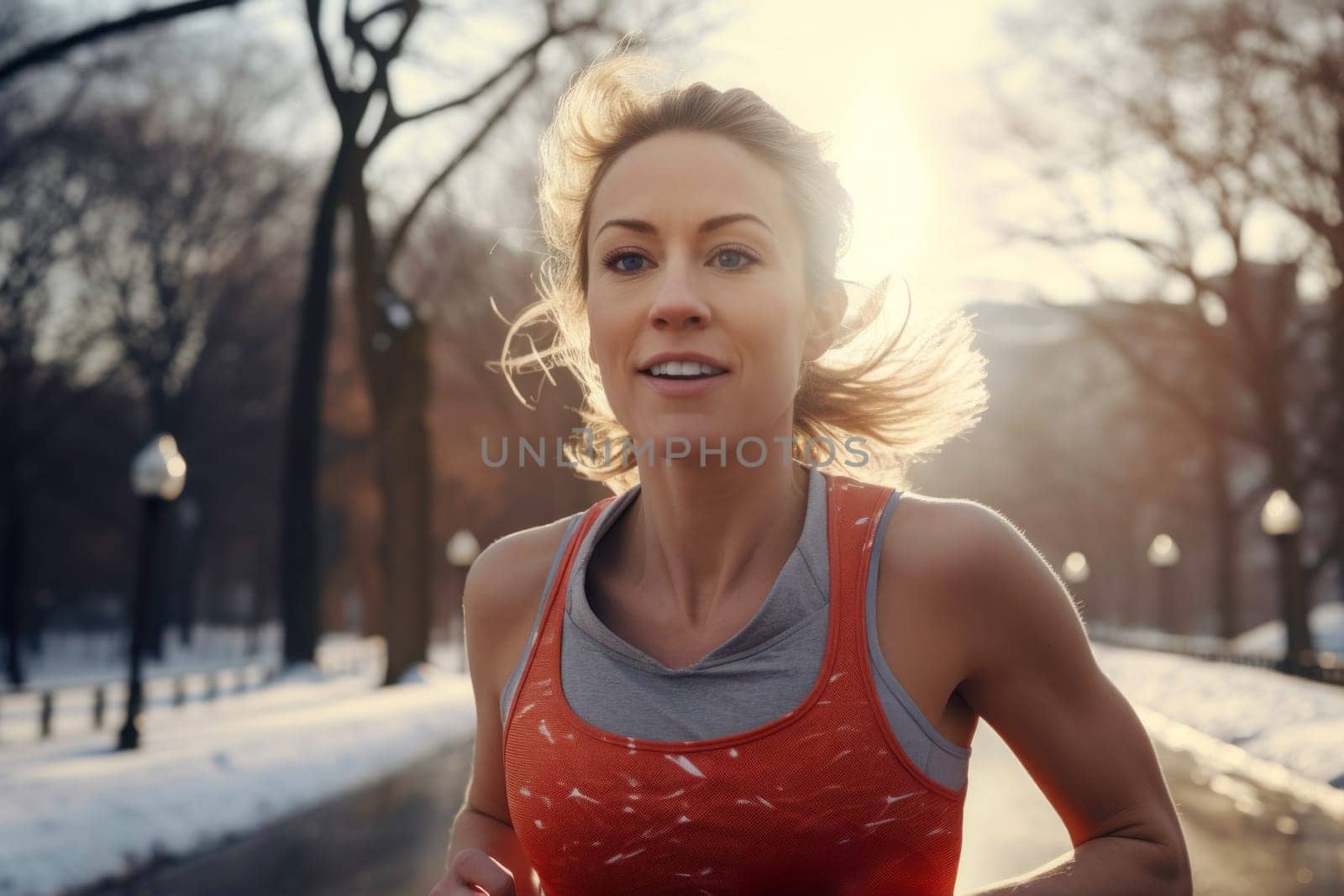 Young woman running outdoor during workout on winter day. Woman jogging in park. Active woman. Cardio training. Physical fitness. Cardio workout. Healthy lifestyle. Daily routine. Body exercises