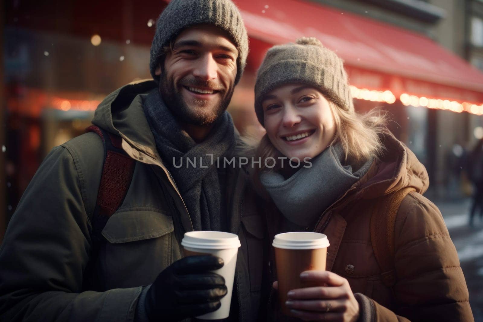 Positive couple having hot drinks on the go outdoors on winter day. Having fun, having conversation, talking together. Young people are having a walk with hot drinks. Enjoying coffee on the go. People dressed warm standing in a street downtown