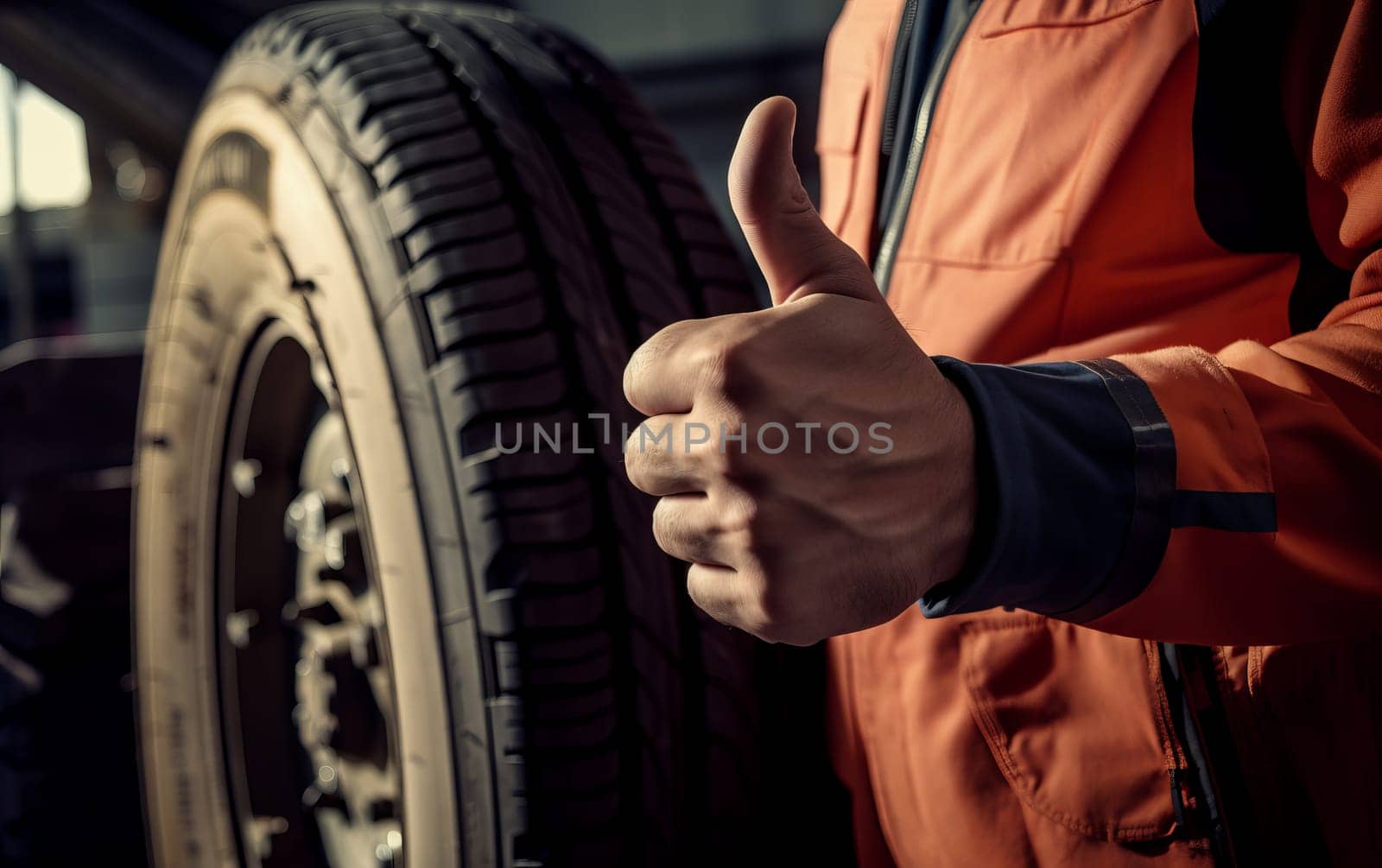 Machanic, car workshop, tireworkshop and thumbs up symbol.