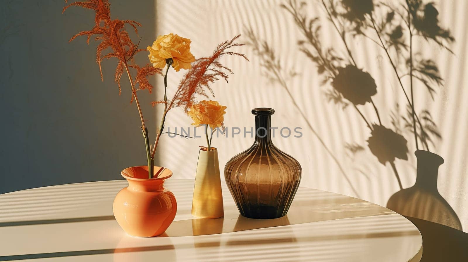 Autumn, fall frame. Minimal aesthetic top view dry flowers and seeds on beige background with sun glare, copy space, nature autumnal decor, floral botanical still life, minimal flat lay, sunlight