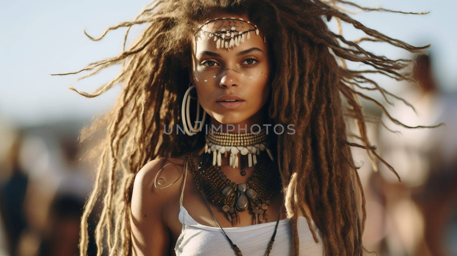 close up of beautiful young woman hippie woman at sunset. Summer open air festival.