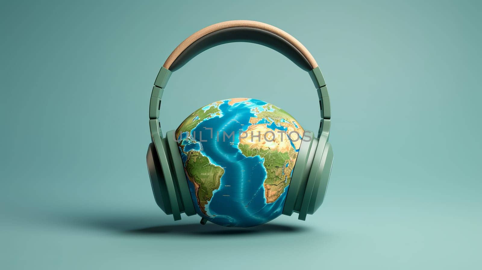 World song. Global music chart. The music of earth. Stereo headphones and a globe on a blue-pink pastel background. Top view