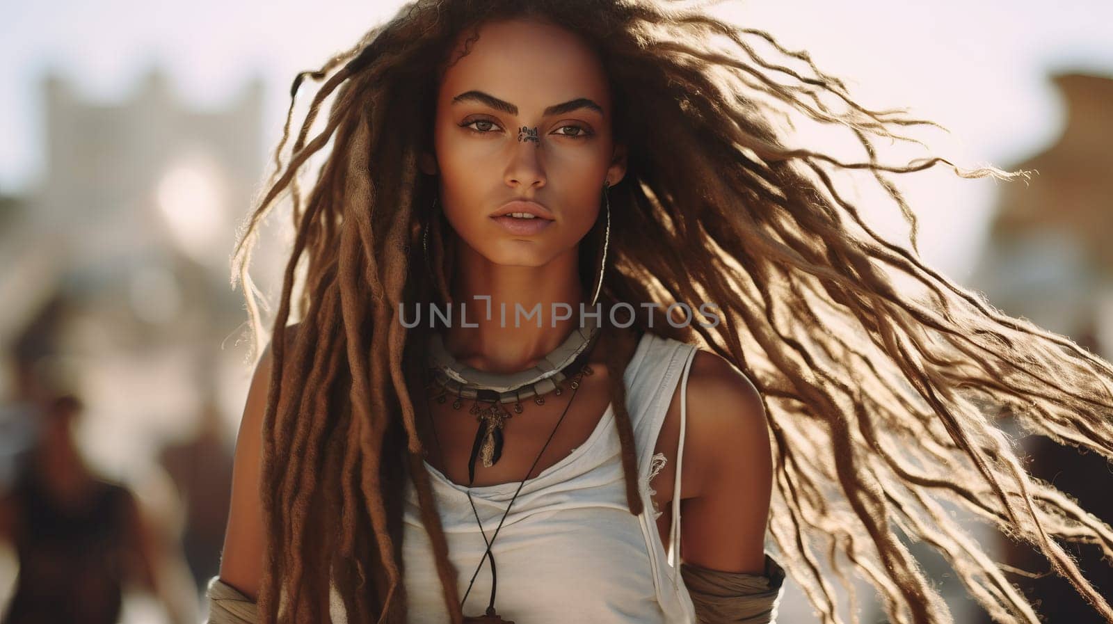 close up of beautiful young woman hippie woman at sunset. Summer open air festival.
