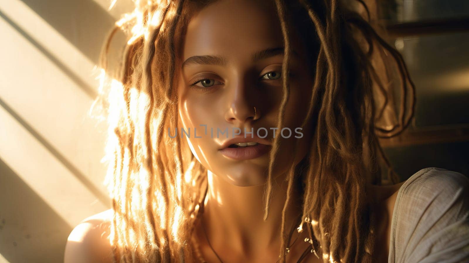 close up of beautiful young woman hippie woman at sunset.