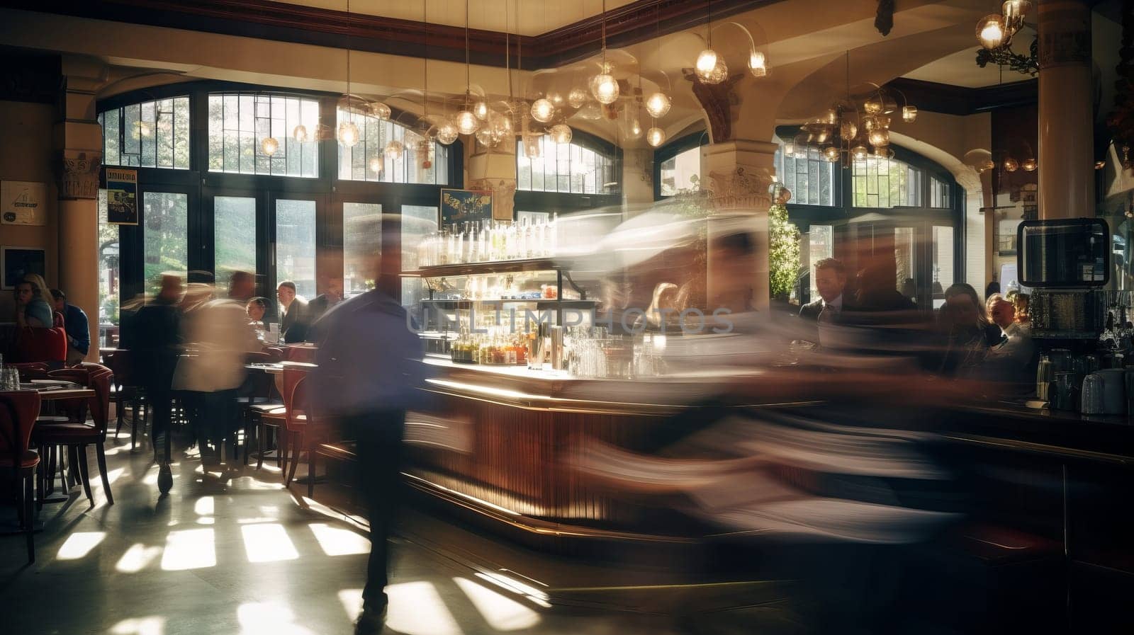 Busy restaurant with people passing by