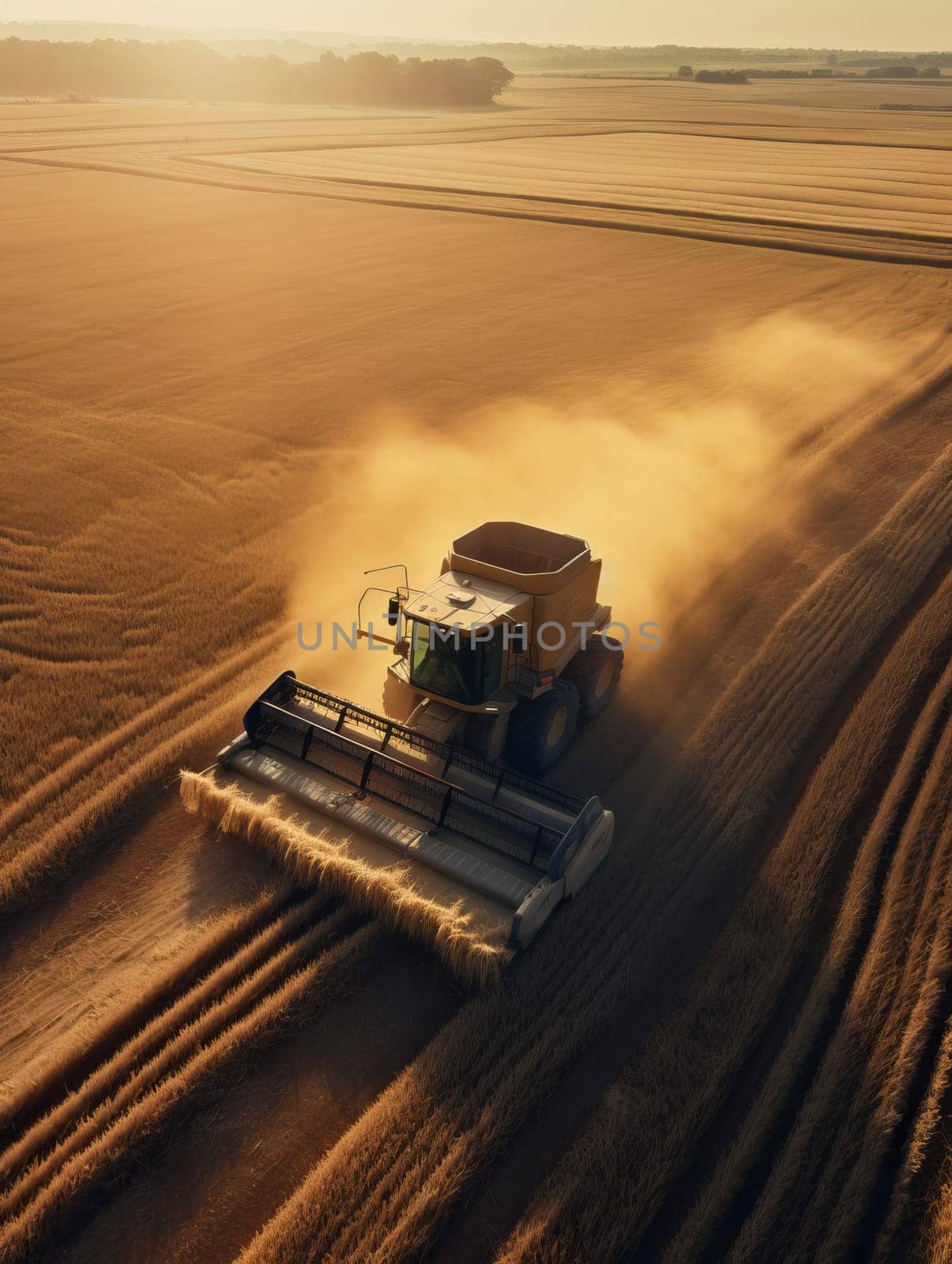 Aerial view of combine harvester in vast wheat field