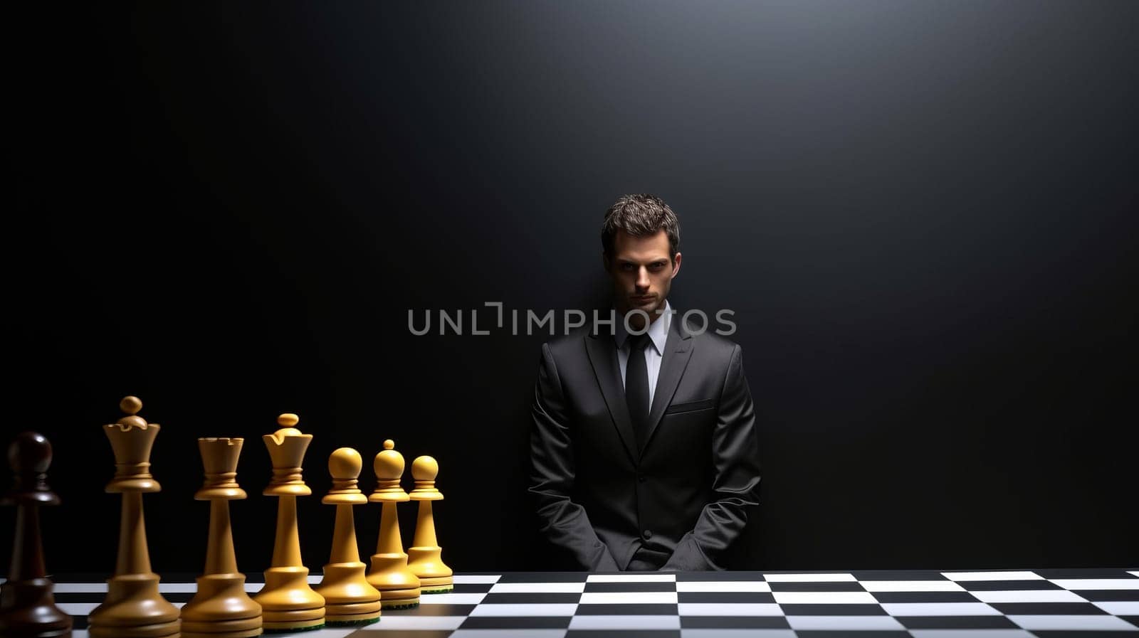 Business strategy concept. Chess with a businessman in suit in the background.