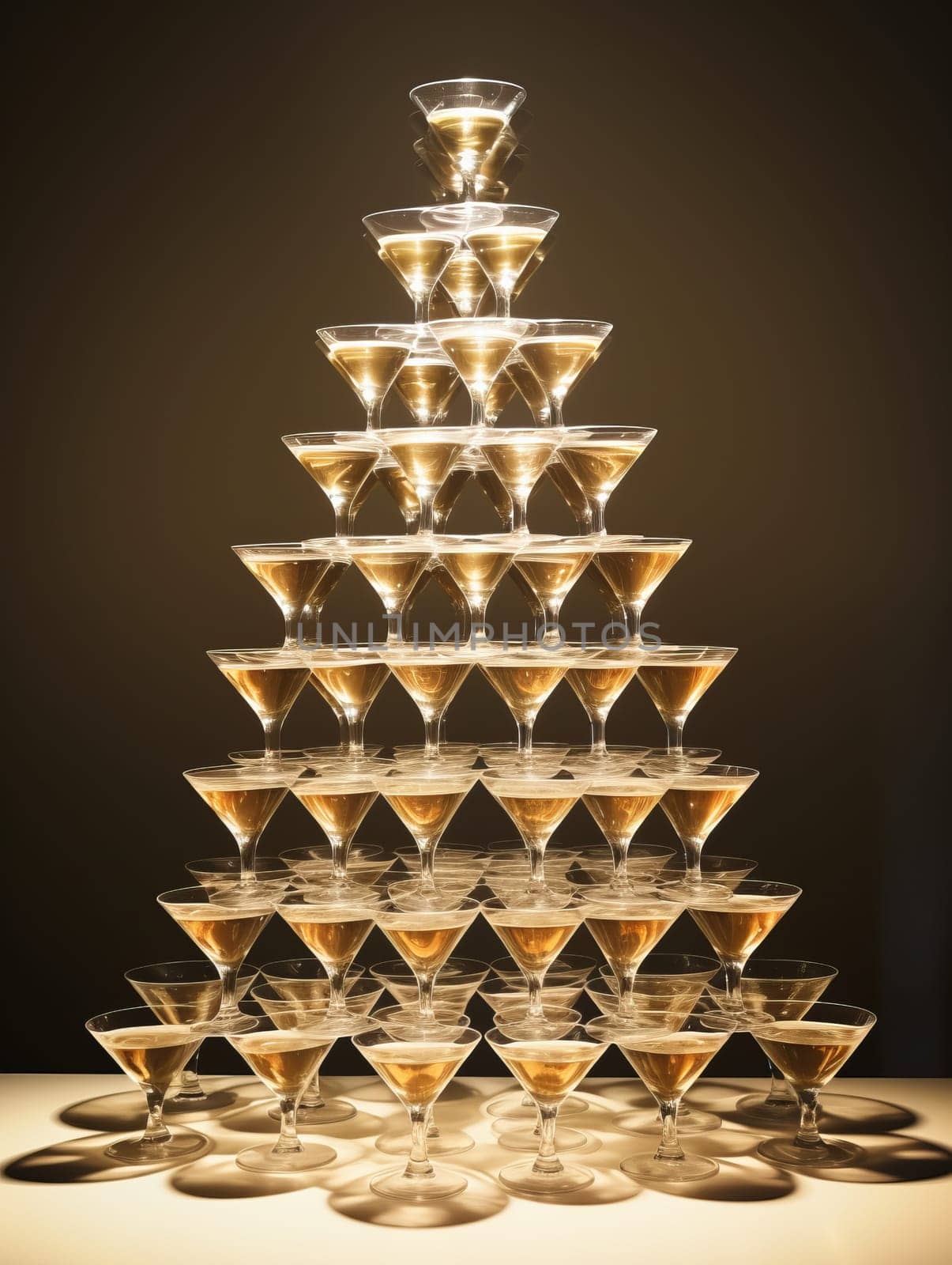 Tower made of glasses with champagne on dark background