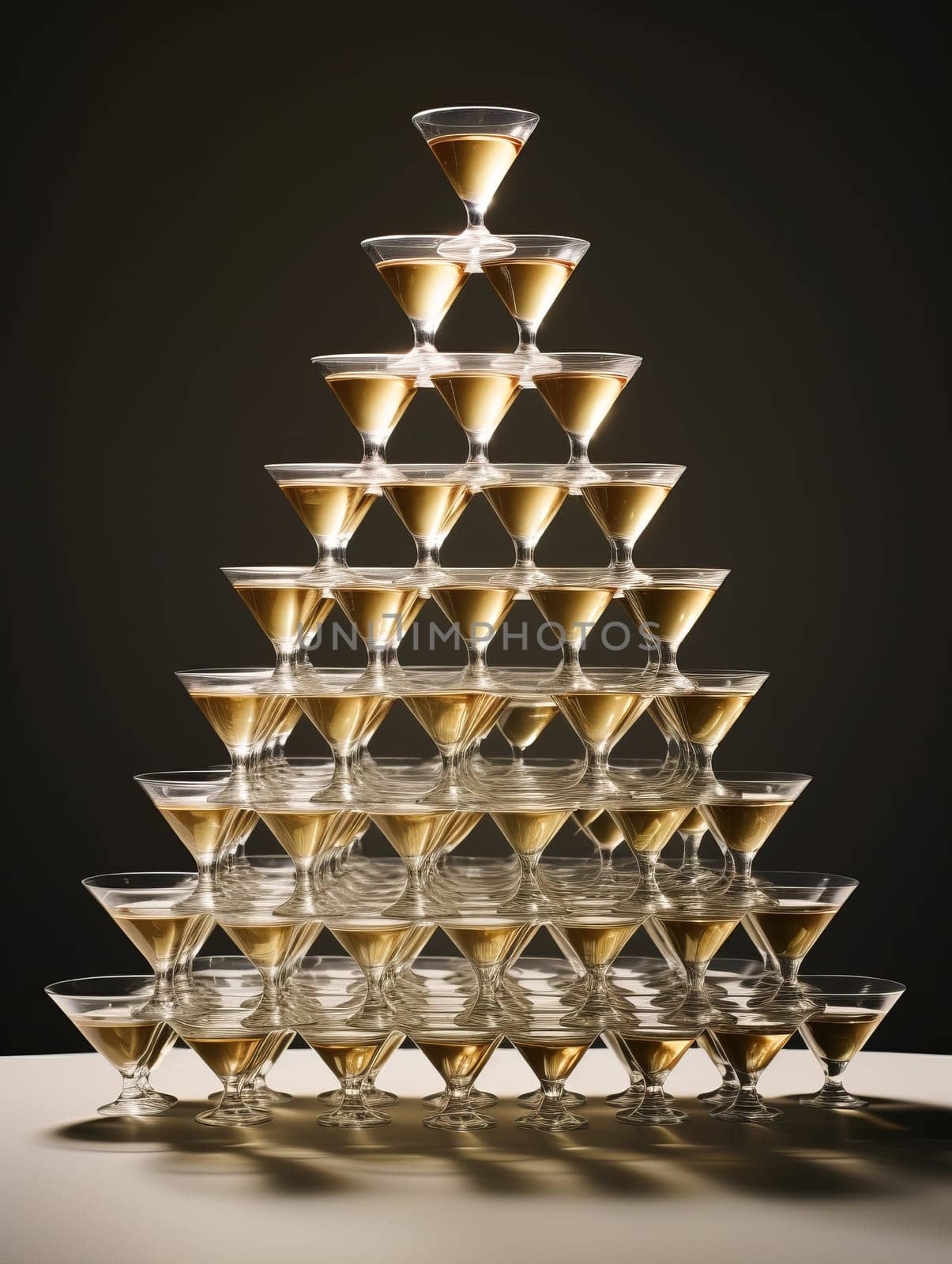 Tower made of glasses with champagne on dark background