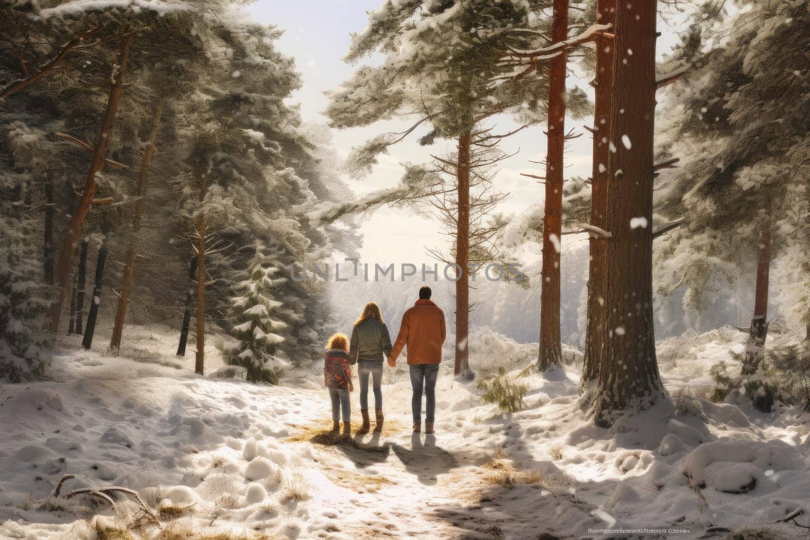 Family walking in the snow in forest on winter day. Spending leisure time close to nature. Snowy winter. Cold day. Active people. Physical activity. Healthy lifestyle. Daily routine