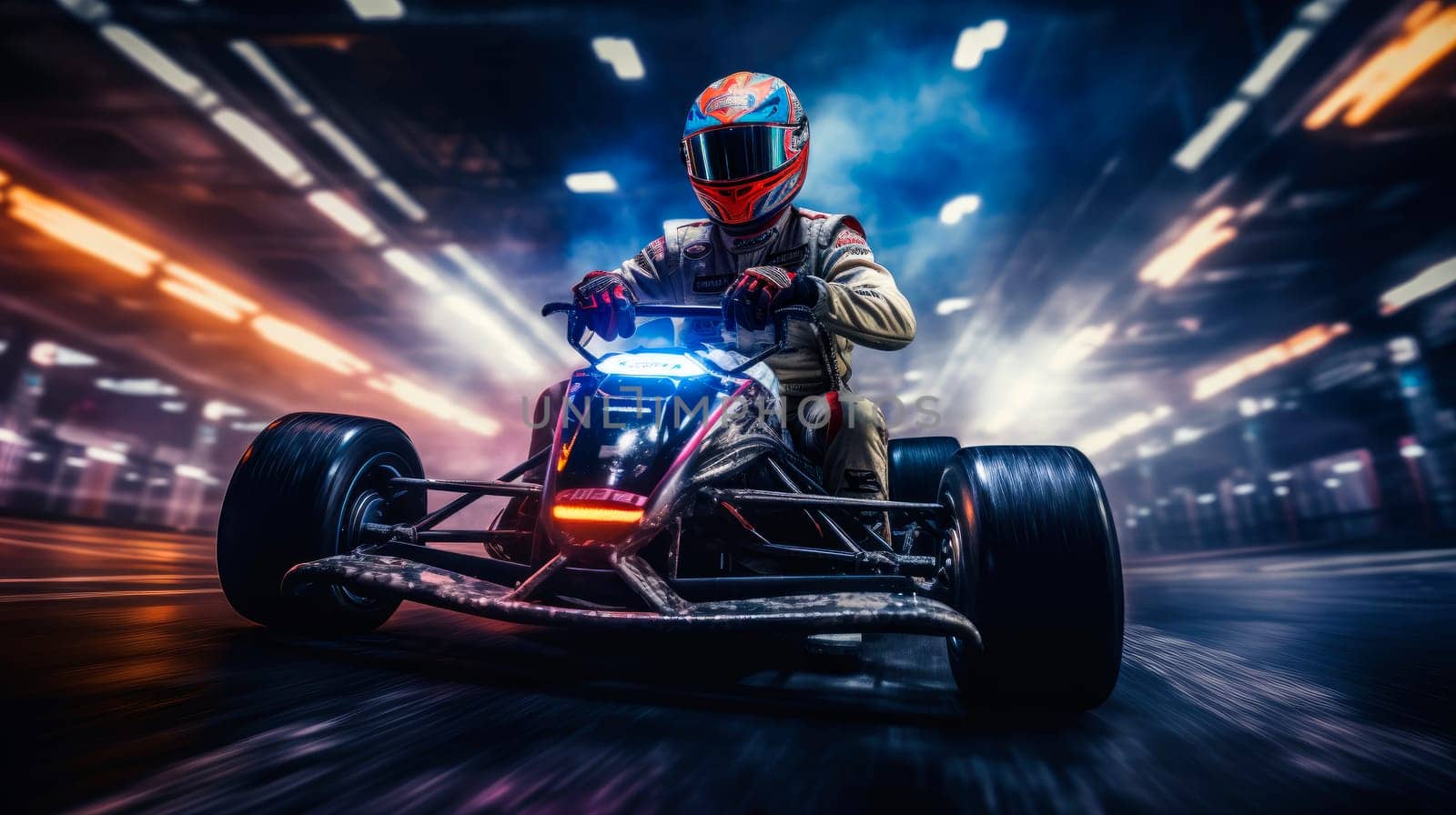 Go kart racing field, racer wearing safety uniform on competition tournament. Carting competitions. Driver in helmet on kart circuit. AI generated