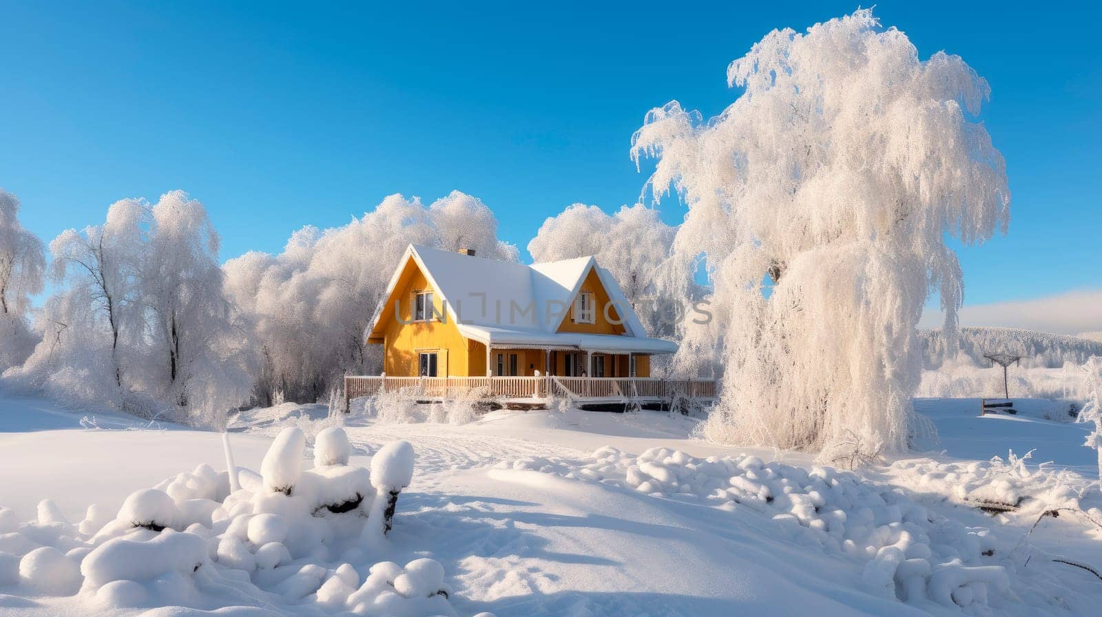 Morning after heavy snow, a yellow wooden house with thick snow cover on the roof. Yellow cottage in a cold winter garden. AI generated