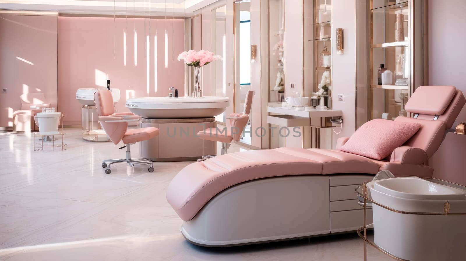 Modern clean interior design of bright beauty spa. Beauty and body care. Empty professional dermatologist room waiting for customers. AI generated