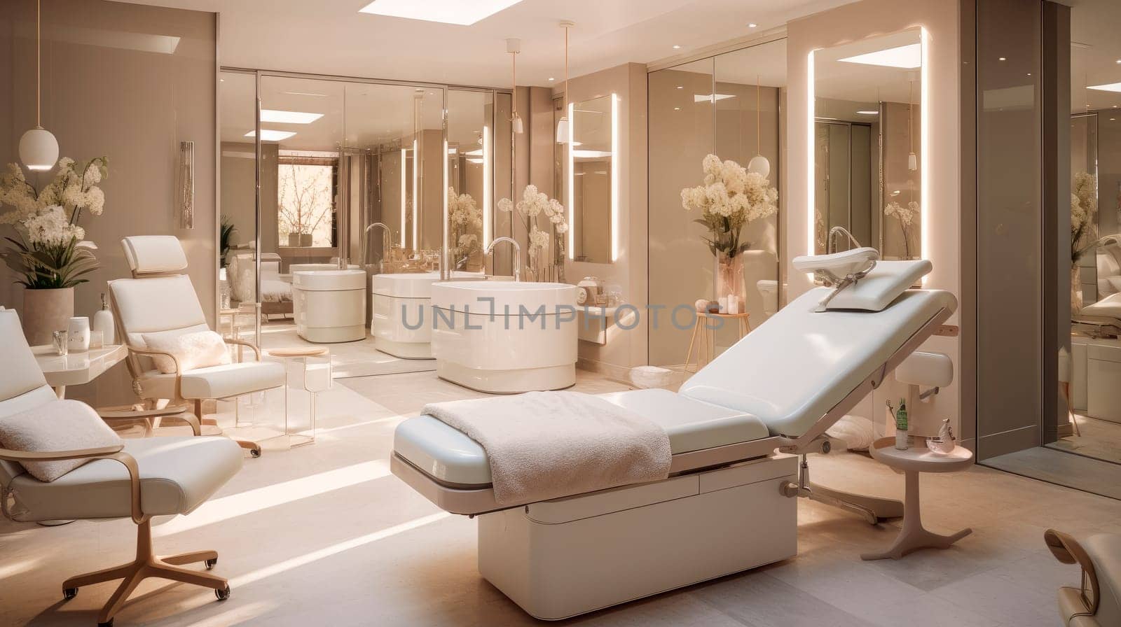 Modern clean interior design of bright beauty spa. Beauty and body care. Empty professional dermatologist room waiting for customers. AI generated