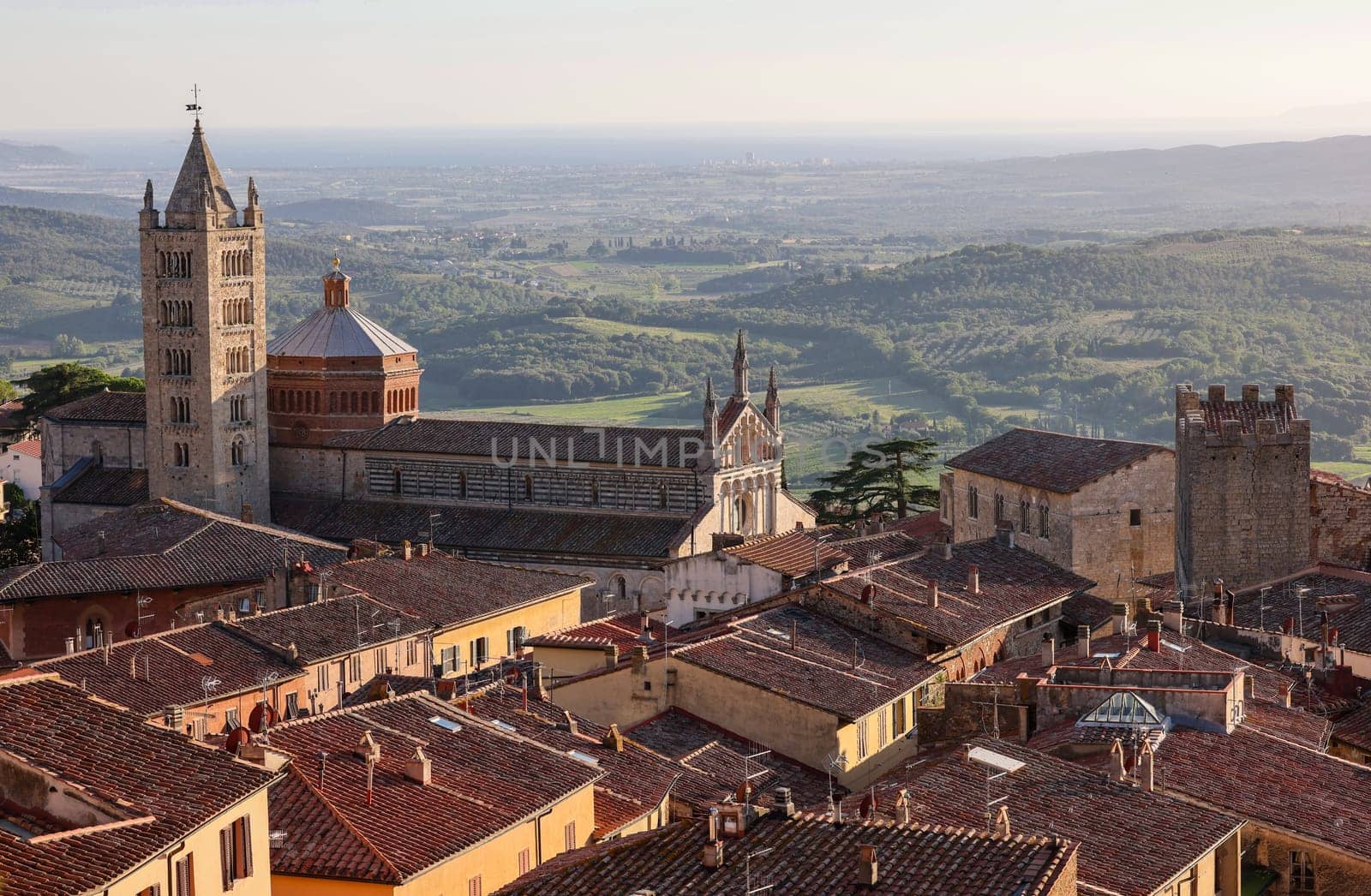 Massa Marittima old town and San Cerbone Duomo cathedral. Tuscany, Italy.