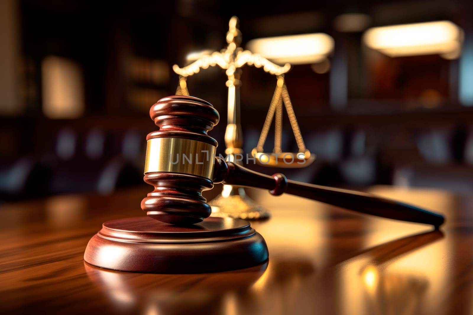 Judgment gavel hammer in court with scales of Justice. Law and justice symbols. AI generated